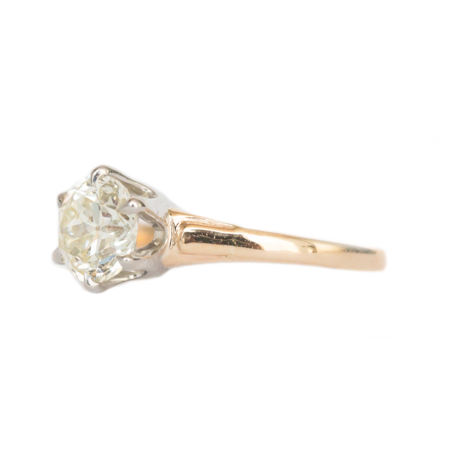 Item Details: 
Ring Size: 6
Metal Type: 14 karat Yellow Gold & Platinum Prongs [Tested and Hallmarked]
Weight: 3 grams

Center Stone Details:
Weight: 1.05 carat
Cut: Old European Brilliant
Color: L
Clarity: VS2


Finger to Top of Stone Measurement: