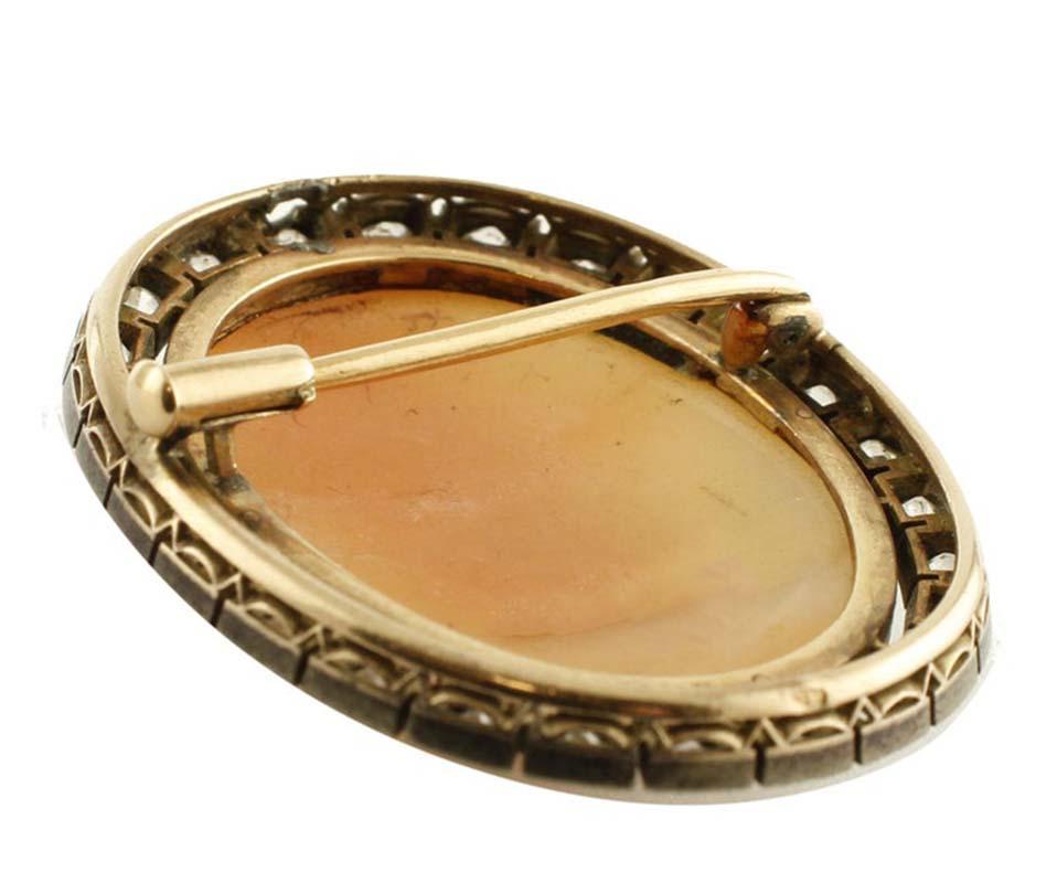 Retro 1.05 Carat Diamonds, 3.5 G Carved Cameo, Rose Gold and Silver Retrò Brooch For Sale