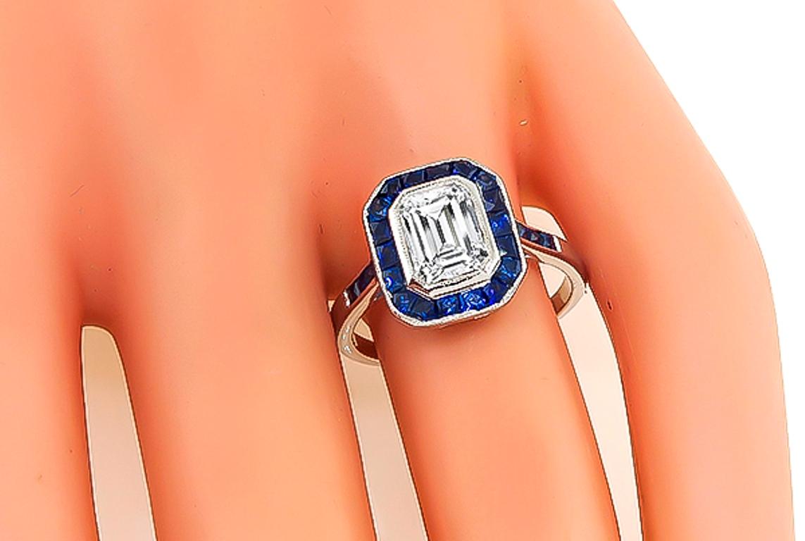 1.05 Carat Emerald Cut Diamond Sapphire Engagement Ring In Good Condition In New York, NY