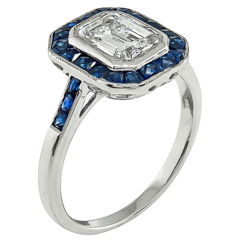 Women's or Men's 1.05 Carat Emerald Cut Diamond Sapphire Engagement Ring