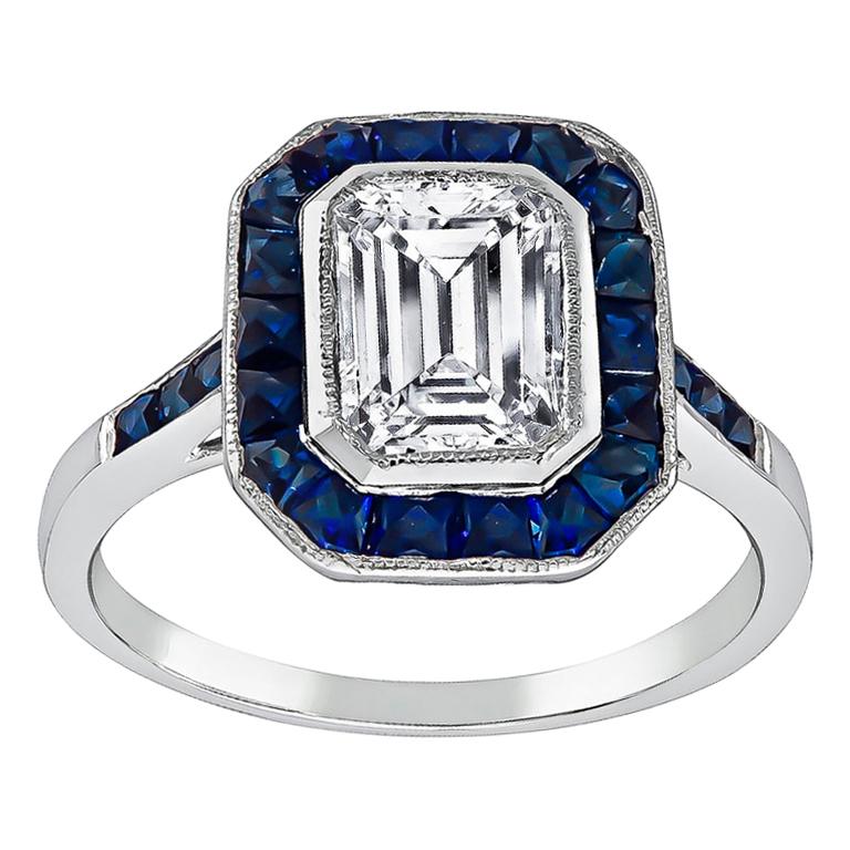 1.05 Carat Emerald Cut Diamond Sapphire Engagement Ring