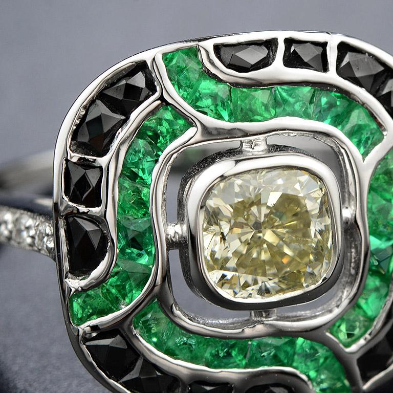 Women's or Men's 1.05 Carat Fancy Diamond Emerald Onyx Diamond 18 Karat White Gold Ring