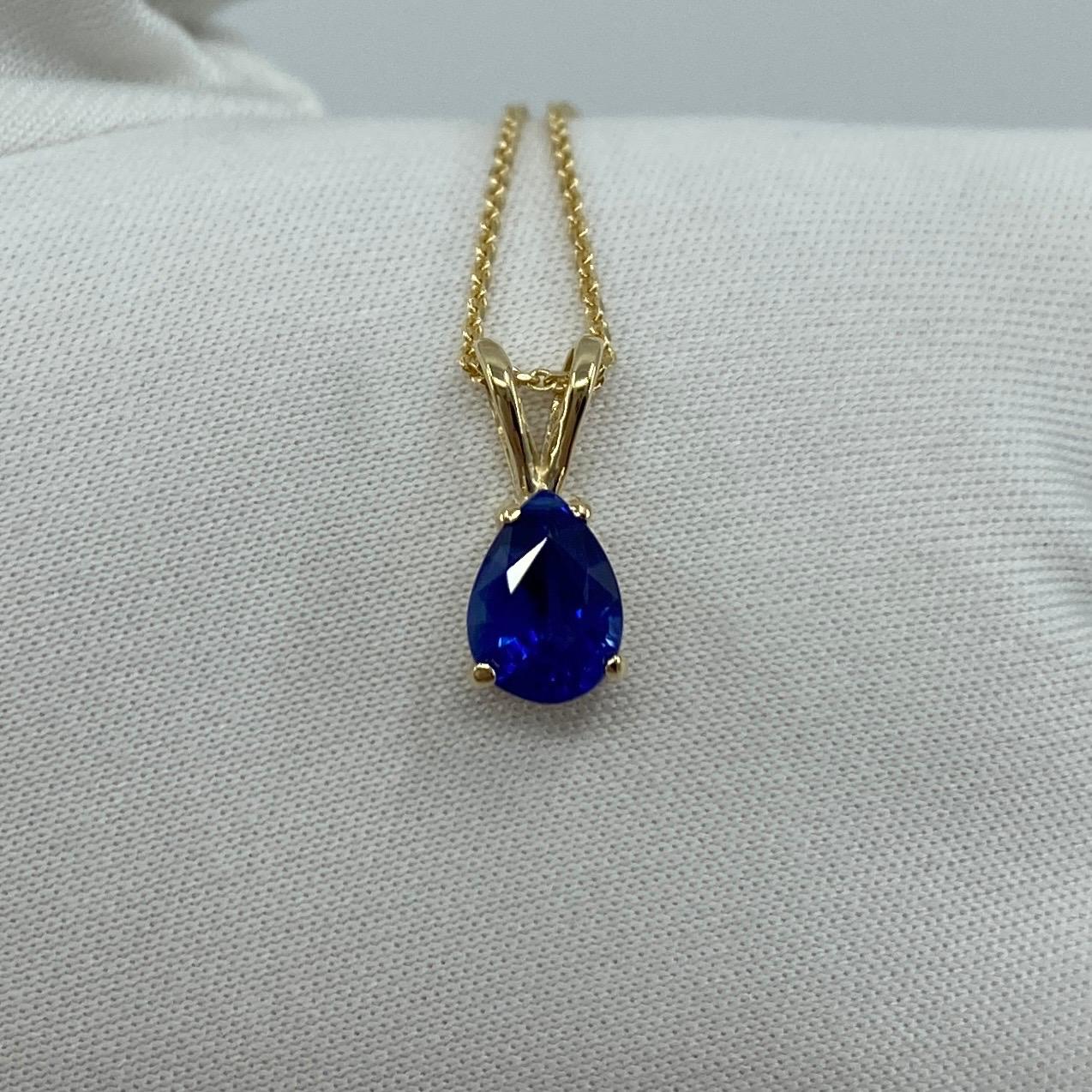 Fine Cornflower Blue Ceylon Sapphire Solitaire Pendant.

1.05 Carat Ceylon sapphire with a stunning rich cornflower blue colour and an excellent pear/teardrop cut. Also has good clarity, clean stone with some small natural inclusions visible when