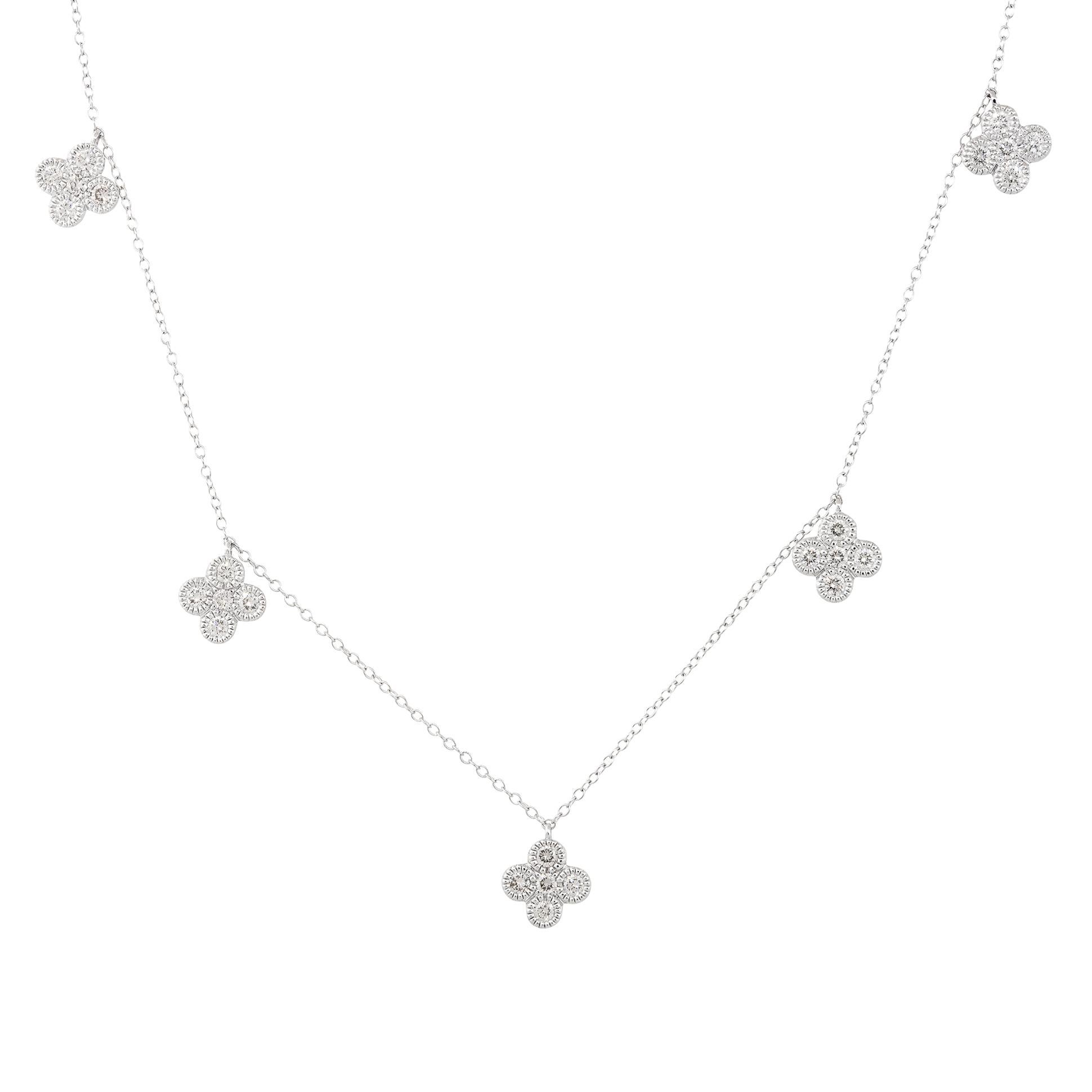 14k White Gold 1.05ctw Flower Diamond Station Necklace

Material: 14k White Gold
Diamond Details: Approximately 1.05ctw of Round Brilliant Diamonds pave set onto 5 flower stations along the necklace. Each station has 5 large diamonds and multiple