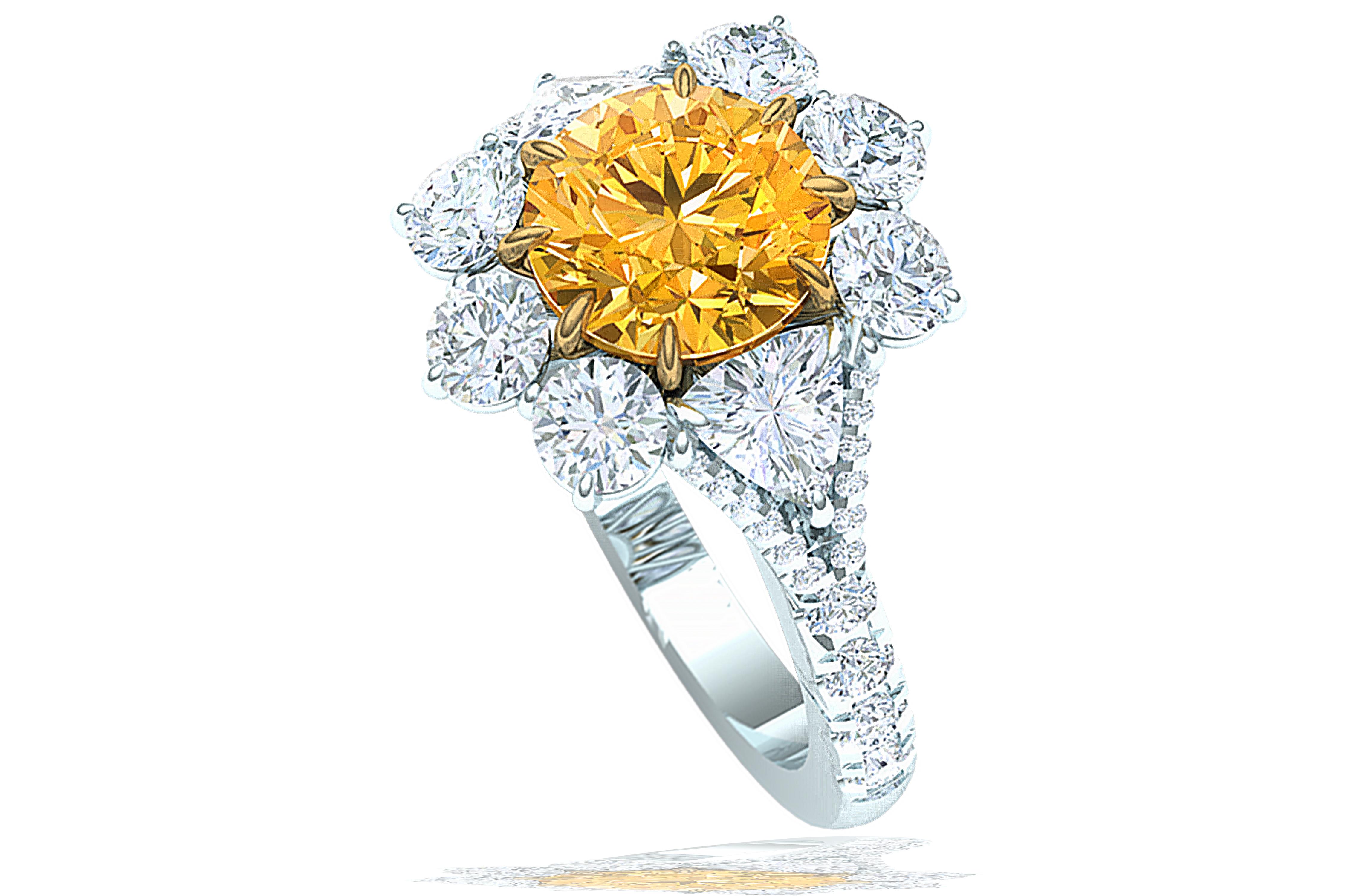 A rare and stunning bright orange yellow diamond ring can be seen here.  The center is a GIA Certified Round Brilliant which has a color of Fancy Orange Yellow Diamond and SI2 clarity.  The center diamond has no visible inclusions with the naked eye