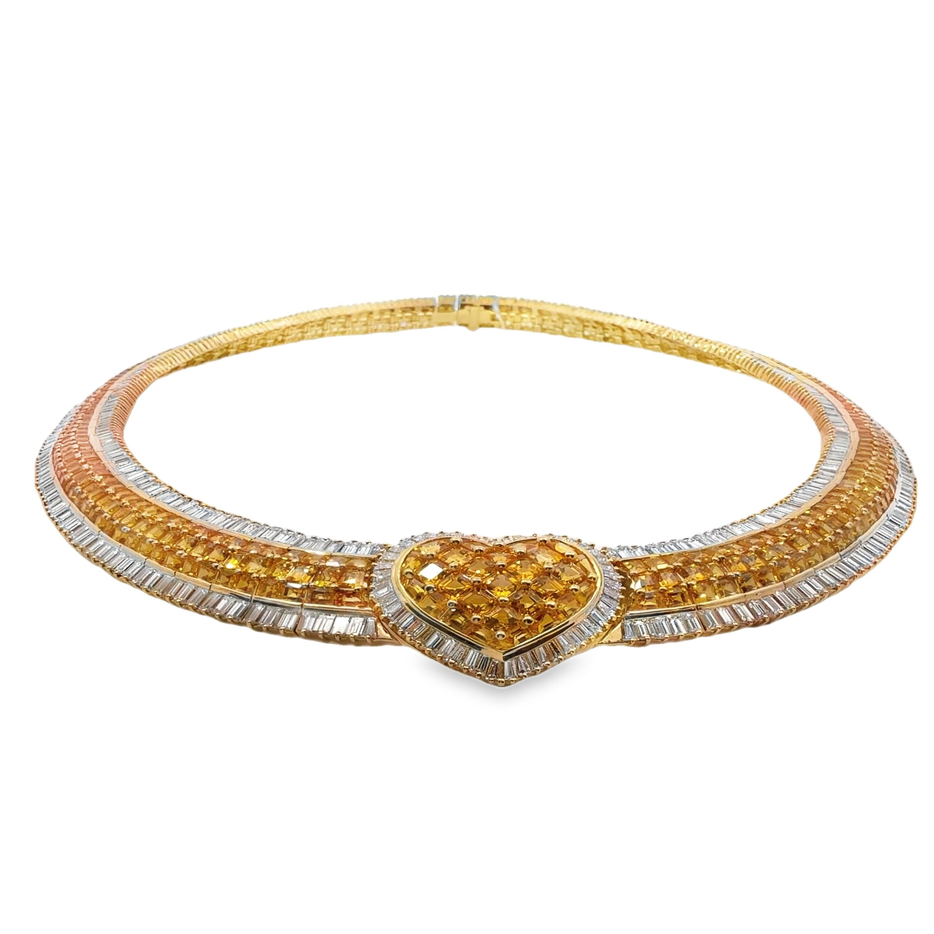 Collana di diamanti e zaffiri gialli a forma di cuore da 105 carati In condizioni Nuovo in vendita a Beverly Hills, CA