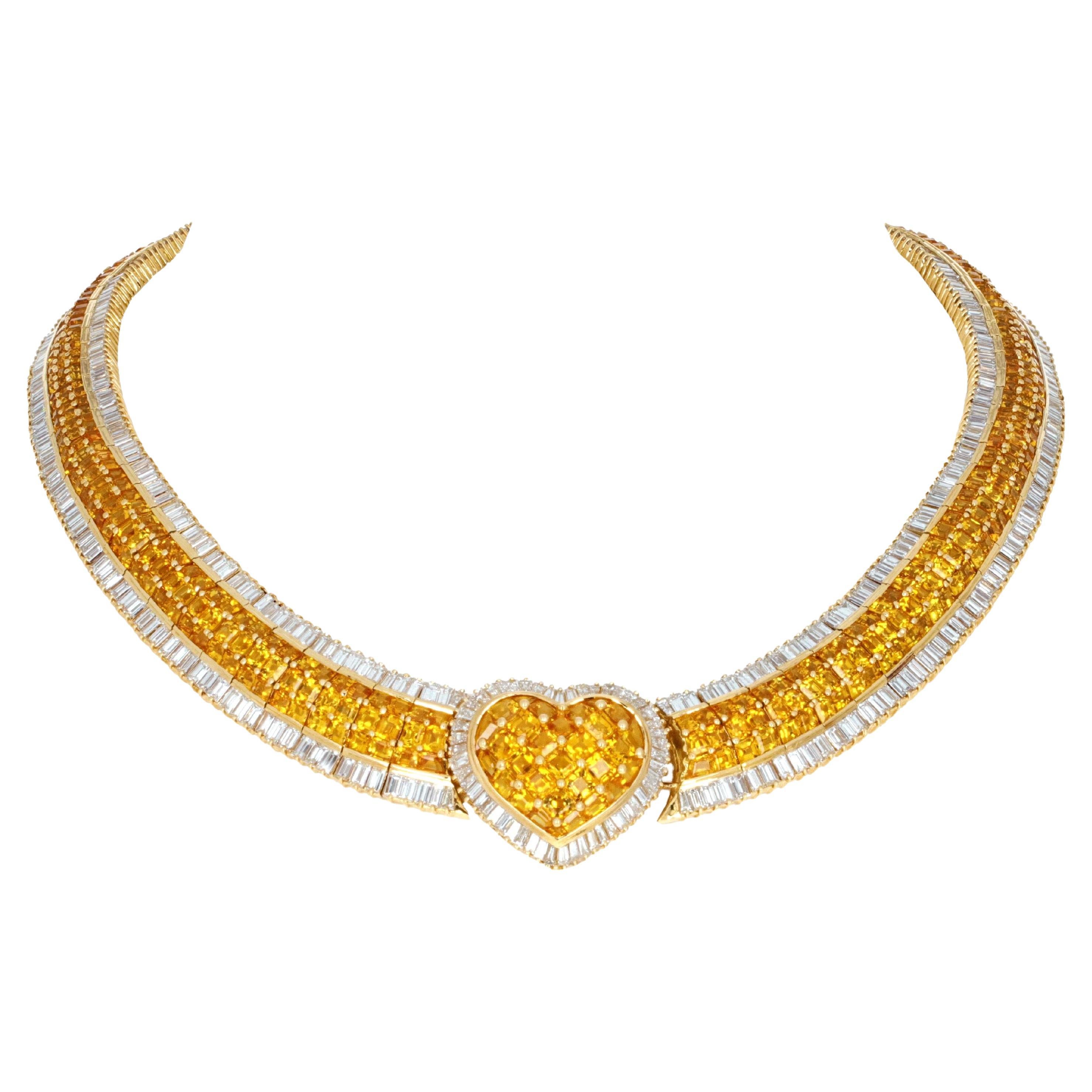 105 Carat Heart-Shaped Yellow Sapphire and Diamond Necklace