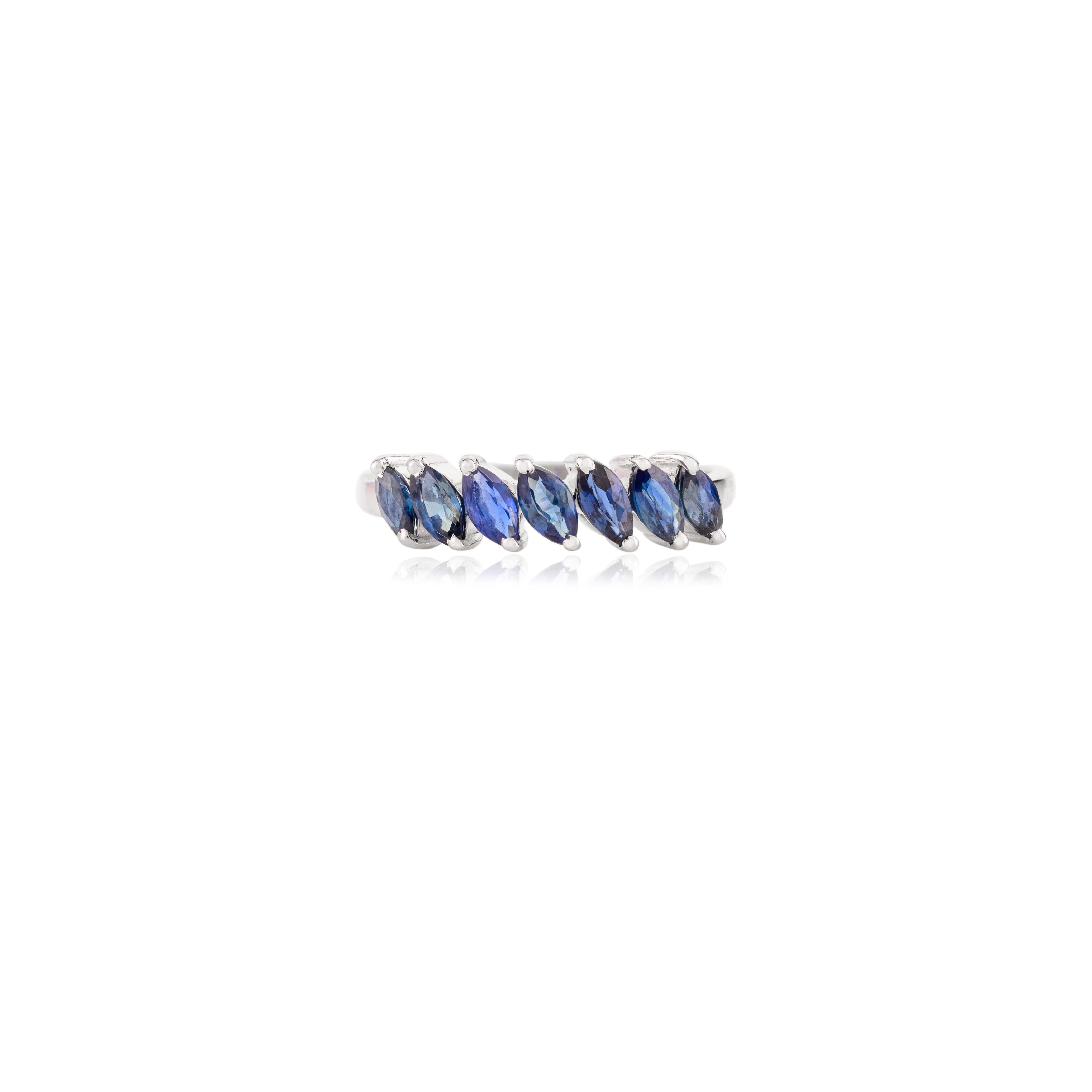 For Sale:  1.05 Carat Inclined Marquise Blue Sapphire Stackable Band Ring in 14k White Gold 5