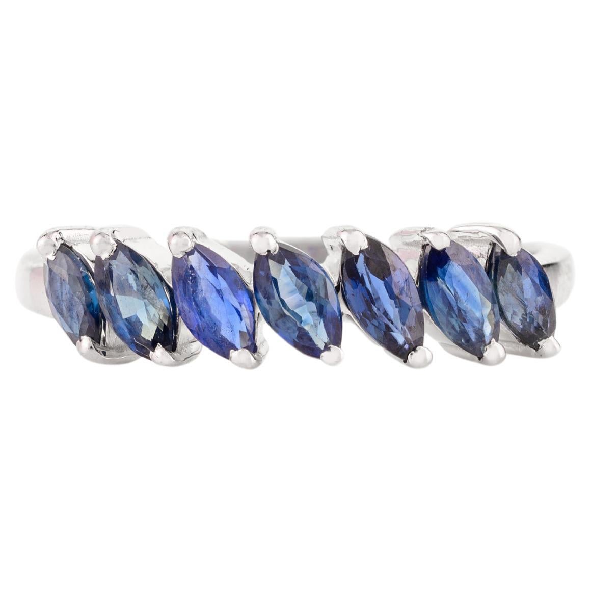 For Sale:  1.05 Carat Inclined Marquise Blue Sapphire Stackable Band Ring in 14k White Gold