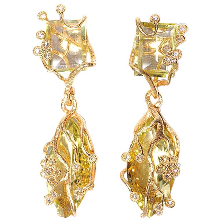 1.05 Carat Lemon Tree Earrings with Lemon Quartz and Rose-Cut Diamonds For Sale