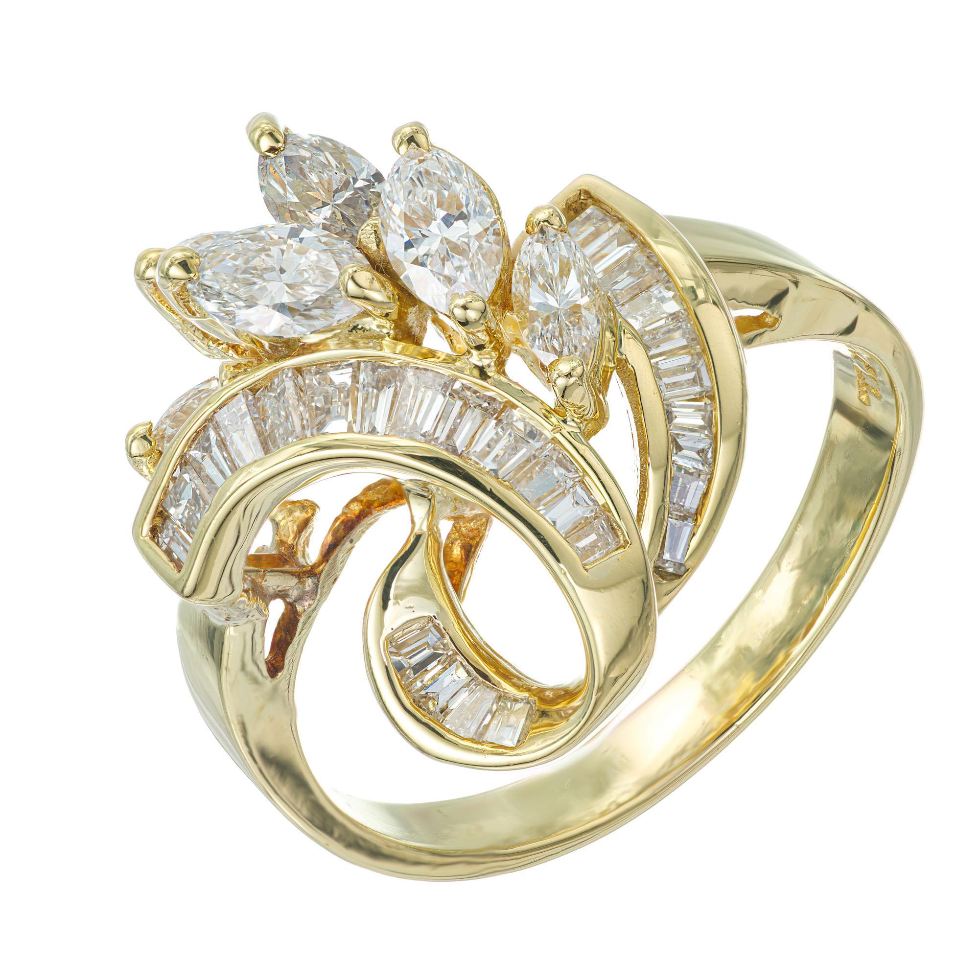 1960's Diamond Swirl design cocktail ring. 8 marquise and 25 graduated baguette cut diamonds in a 18k yellow gold setting. 

8 Marquise cut diamonds, approx. total weight .65cts, G, VS – SI
25 baguette, diamonds, approx. total weight .40cts, G, VS –
