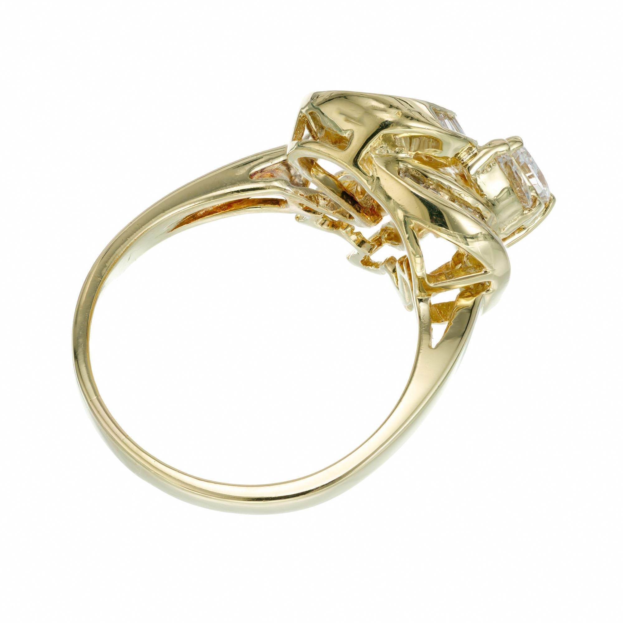 Marquise Cut 1.05 Carat Marquise Baguette Diamond Gold Swirl Cocktail Ring For Sale