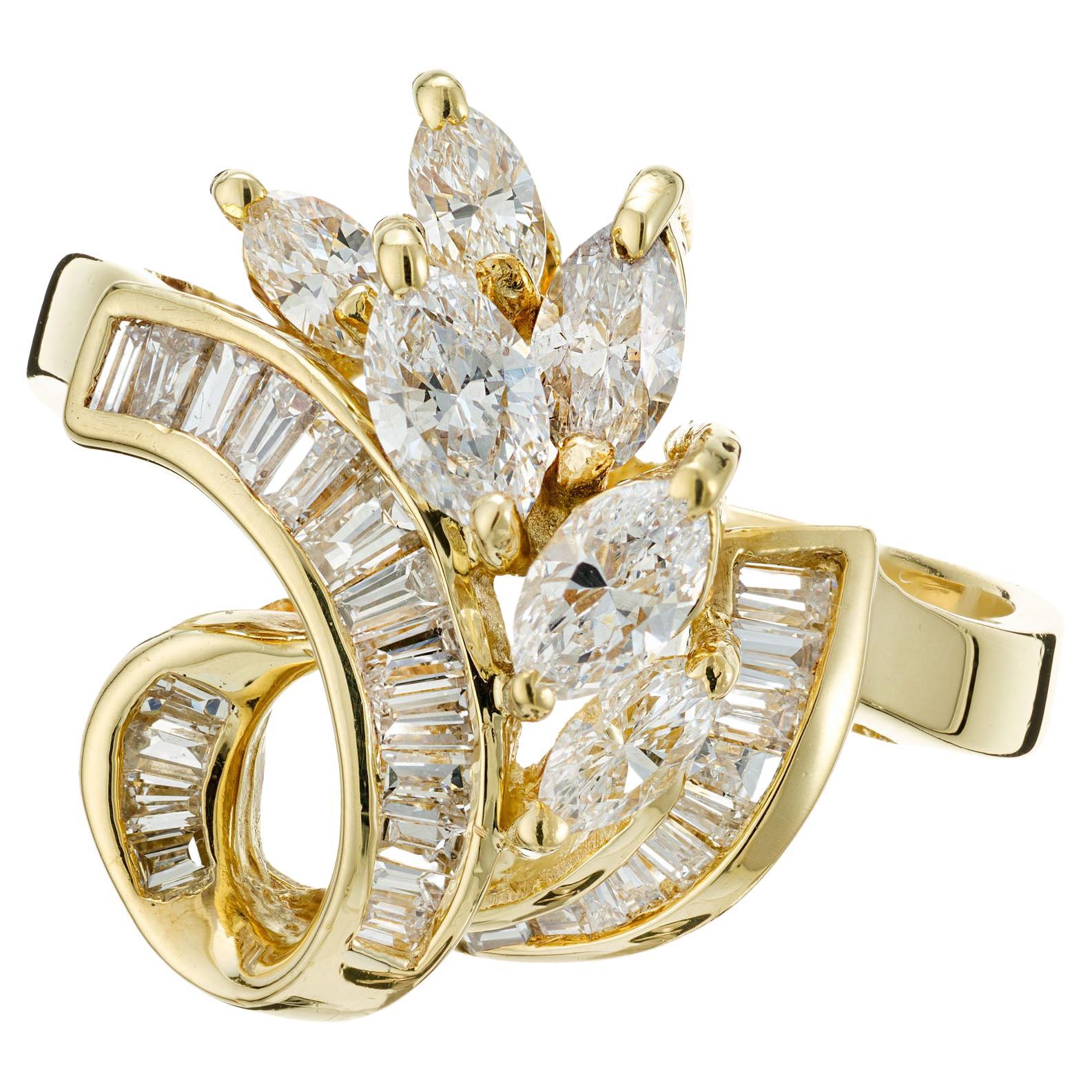 1.05 Carat Marquise Baguette Diamond Gold Swirl Cocktail Ring For Sale