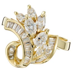1.05 Carat Marquise Baguette Diamond Gold Swirl Cocktail Ring