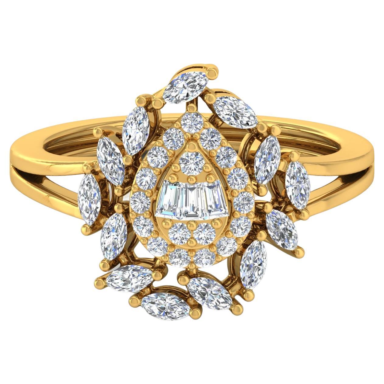 1.05 Carat Marquise Baguette & Round Diamond Cocktail Ring 18 Karat Yellow Gold For Sale