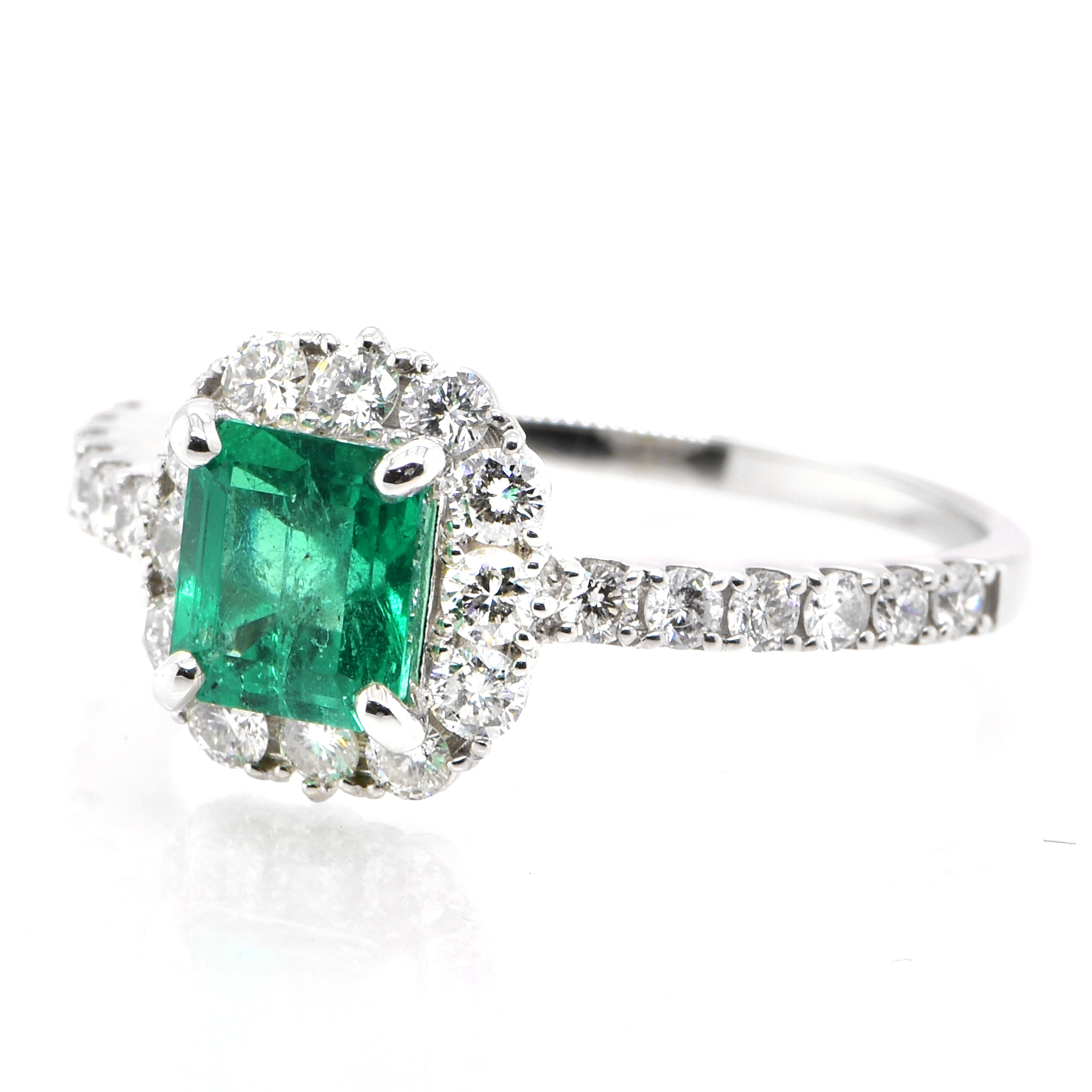 A stunning ring featuring a 1.05 Carat Natural Emerald and 0.67 Carats of Diamond Accents set in Platinum. People have admired emerald’s green for thousands of years. Emeralds have always been associated with the lushest landscapes and the richest