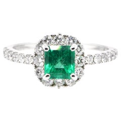 1.05 Carat Natural Colombian Emerald and Diamond Halo Ring set in Platinum