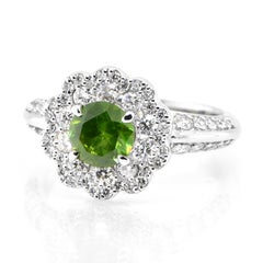 1.05 Carat Natural Demantoid Garnet and Diamond Cluster Ring Set in Platinum