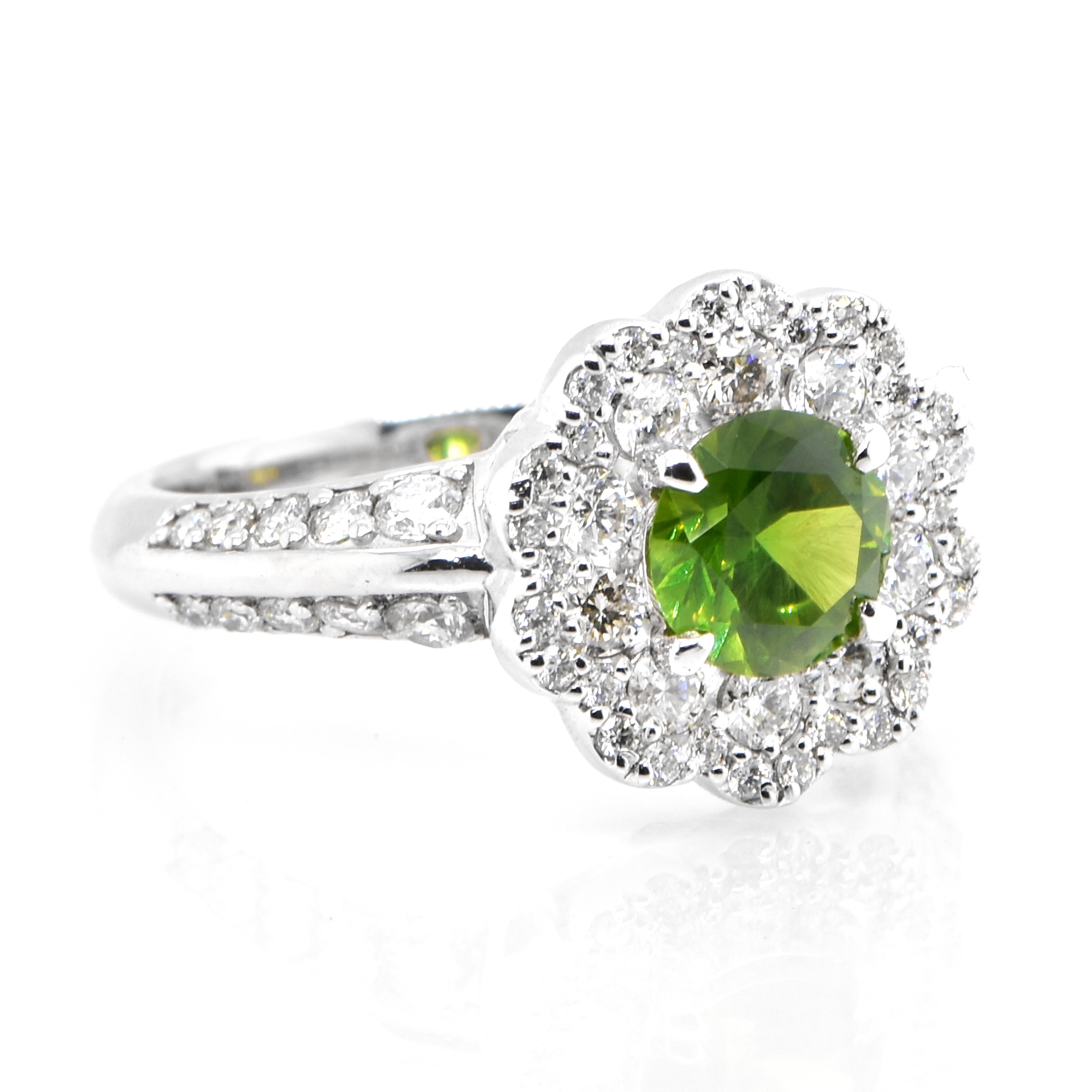 Modern 1.05 Carat Natural Demantoid Garnet and Diamond Cluster Ring Set in Platinum For Sale