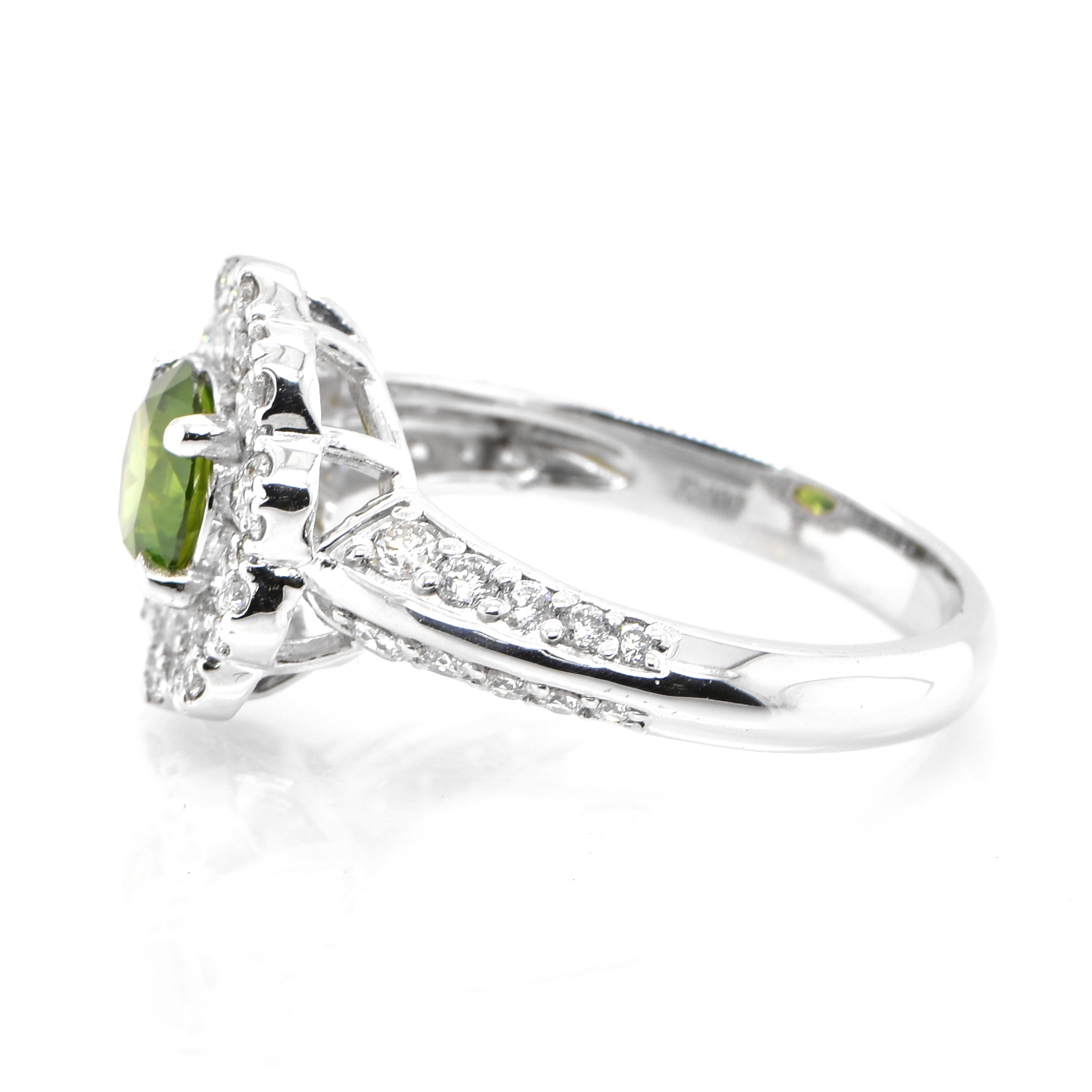 Round Cut 1.05 Carat Natural Demantoid Garnet and Diamond Cluster Ring Set in Platinum For Sale