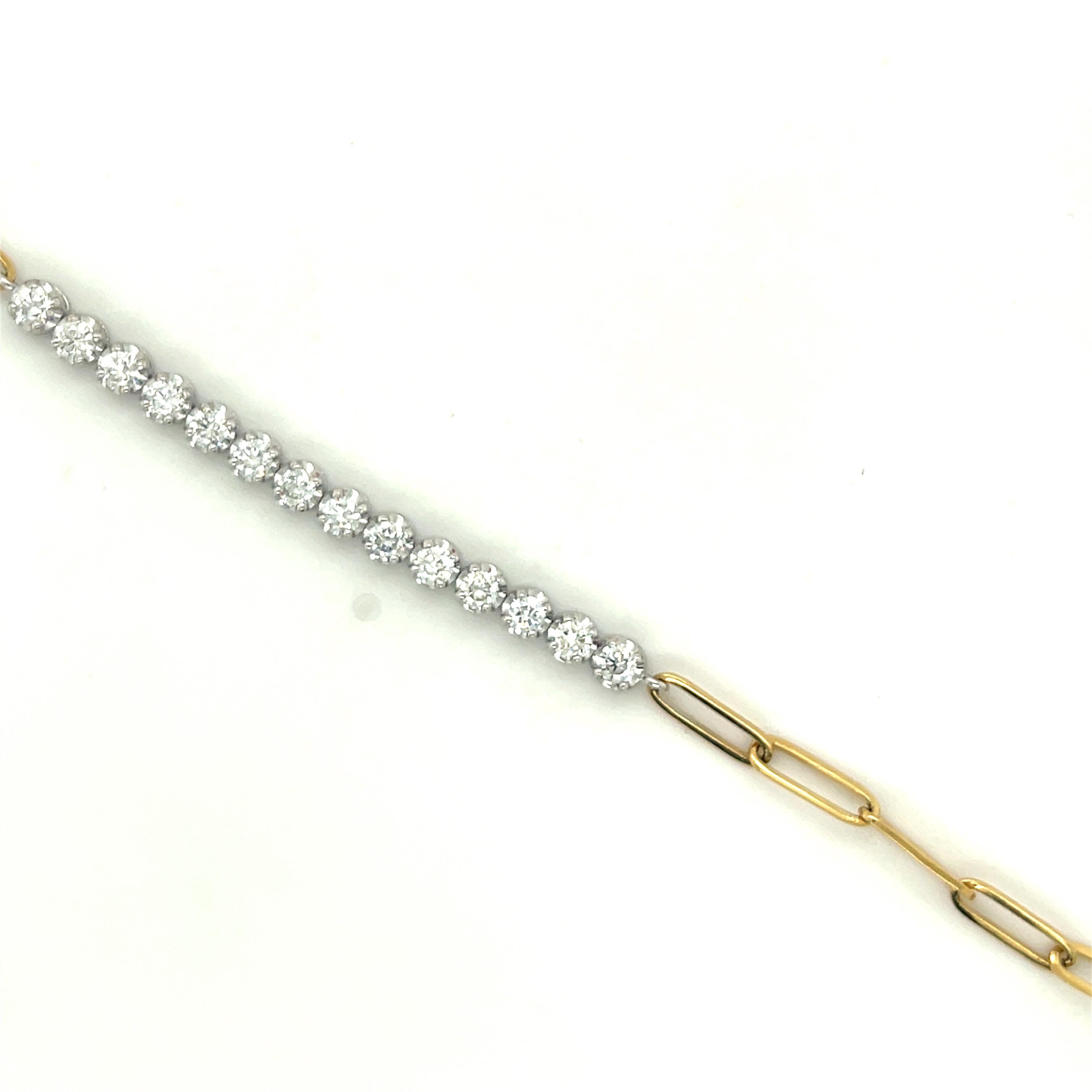 Elegant 1.05 Carat Diamond Bracelet by Roshe Jewels. This exquisite piece features Natural Round Cut Diamonds with a total carat weight of 1.05. The diamonds are White, with a clarity of SI2 and a color grade of F. Crafted in a combination of 14k