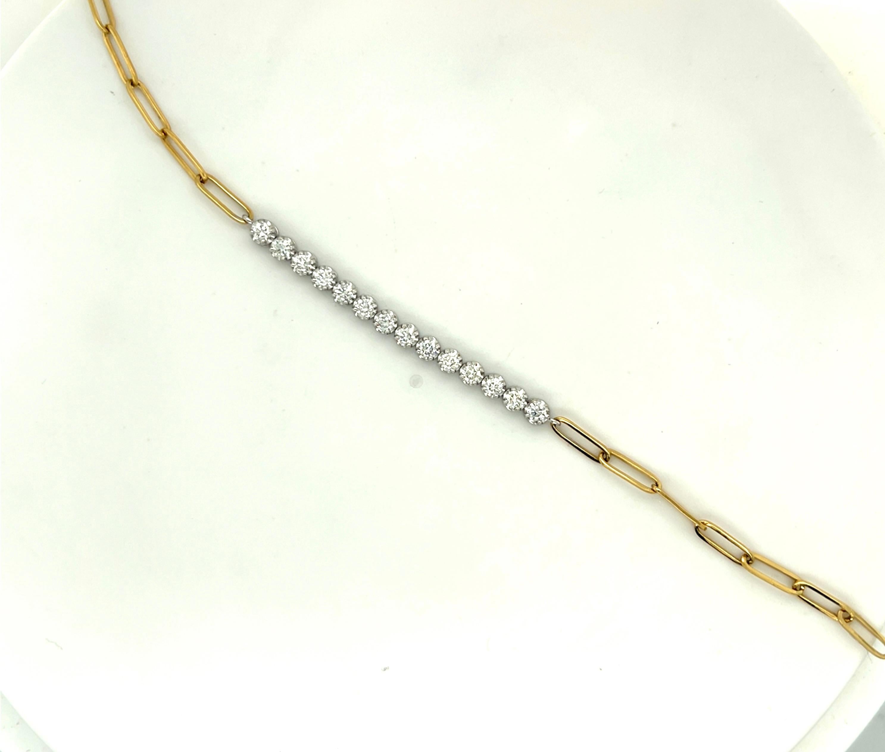 Contemporary 1.05 Carat Natural Diamond 14 Karat Yellow Gold Paper Clip Bracelet For Sale