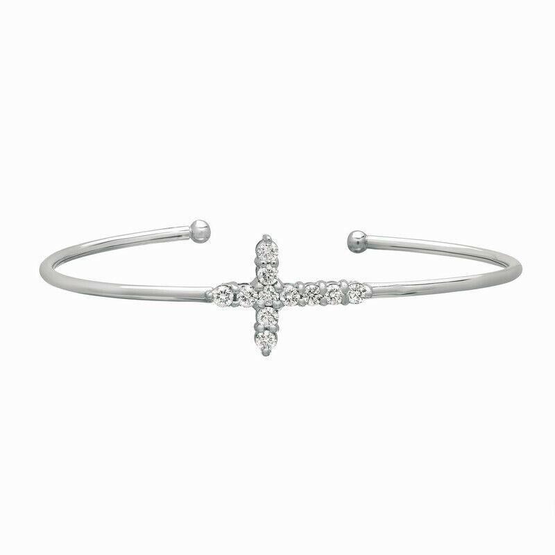 Contemporary 1.05 Carat Natural Diamond Cross Bangle Bracelet G SI 14K White Gold For Sale