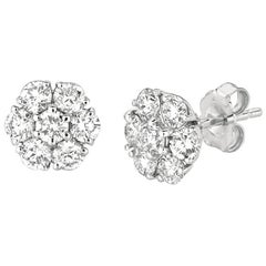 Boucles d'oreilles en or blanc 14 carats avec grappe de fleurs en diamants naturels de 1,05 carat G SI