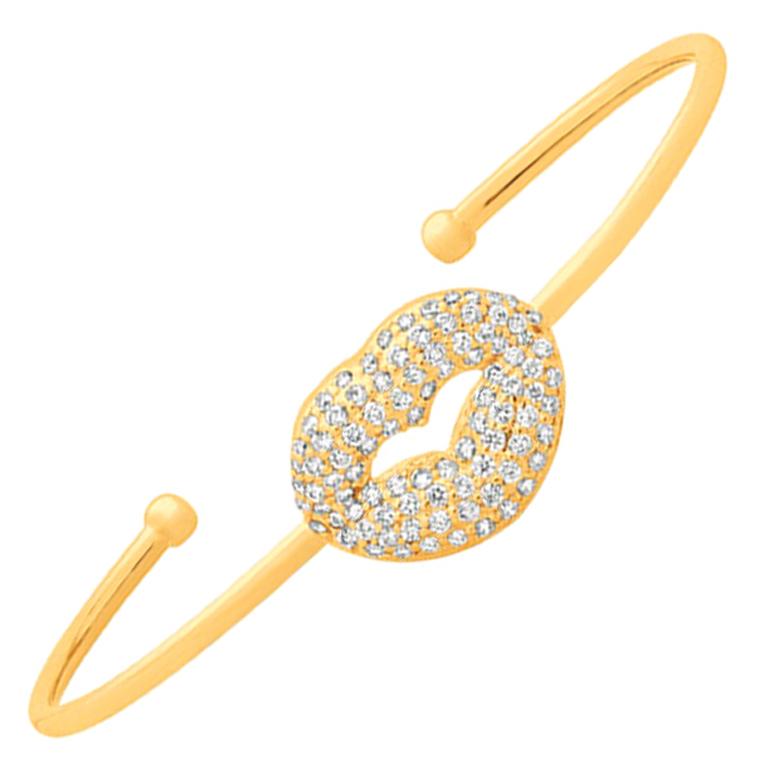 1.05 Carat Natural Diamond Lip Bangle Bracelet G-H SI 14 Karat Yellow Gold For Sale