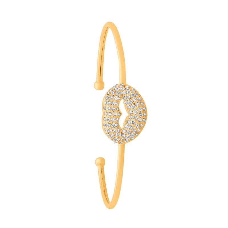 Round Cut 1.05 Carat Natural Diamond Lip Bangle Bracelet G-H SI 14 Karat Yellow Gold For Sale