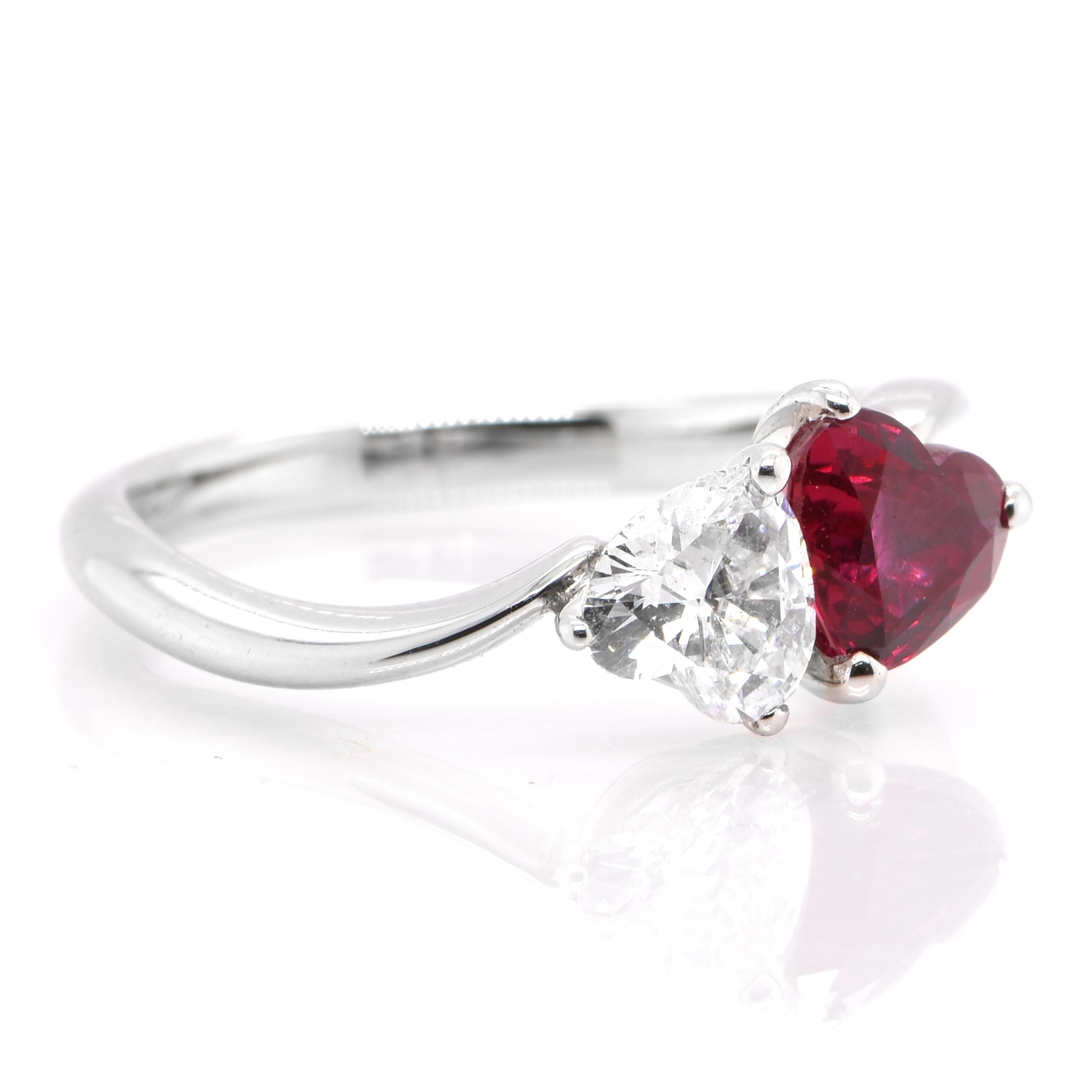 Modern 1.05 Carat Natural Heart-Cut Ruby and Diamond Ring set in Platinum