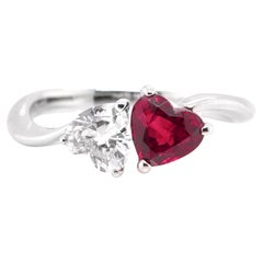 1.05 Carat Natural Heart-Cut Ruby and Diamond Ring set in Platinum