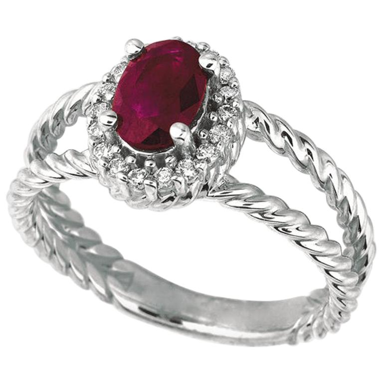 1.05 Carat Natural Oval Ruby & Diamond Ring 14K White Gold For Sale