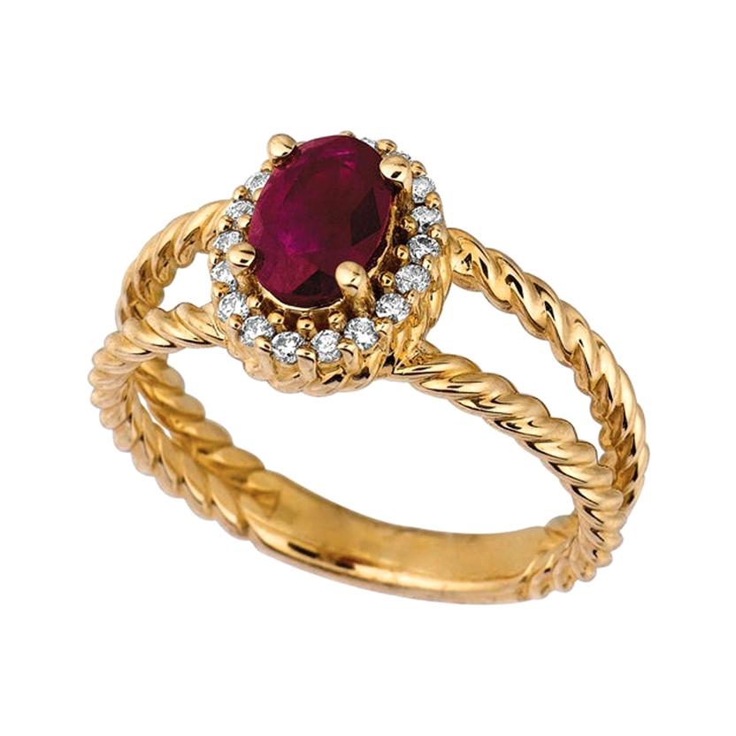 Bague ovale en or jaune 14 carats avec diamants et rubis naturel de 1,05 carat