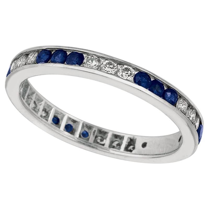 1.05 Carat Natural Sapphire and Diamond Eternity Ring Band 14 Karat White Gold For Sale