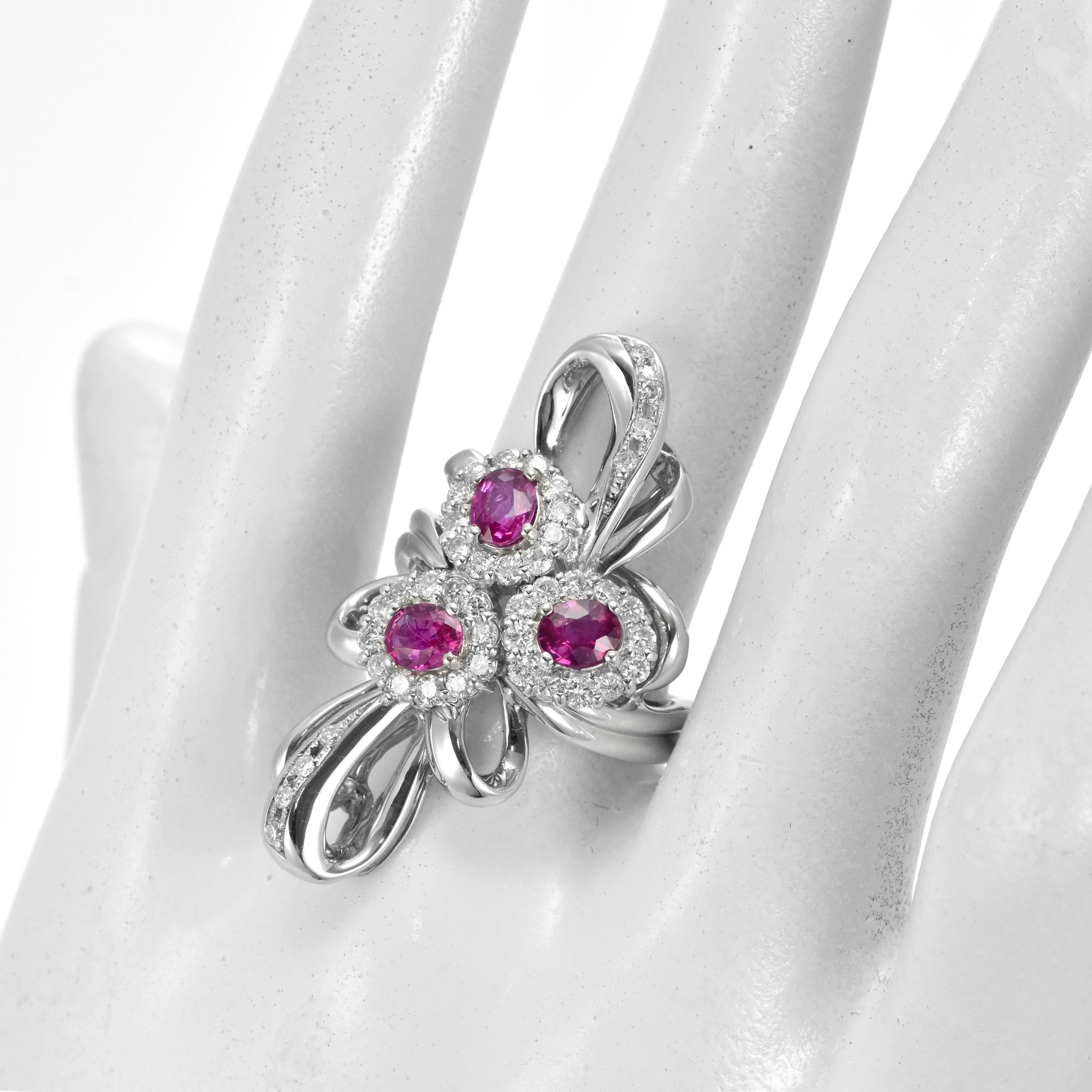 1.05 Carat Natural Unheated Rubies and Diamond Cocktail Ring made in Platinum For Sale 6