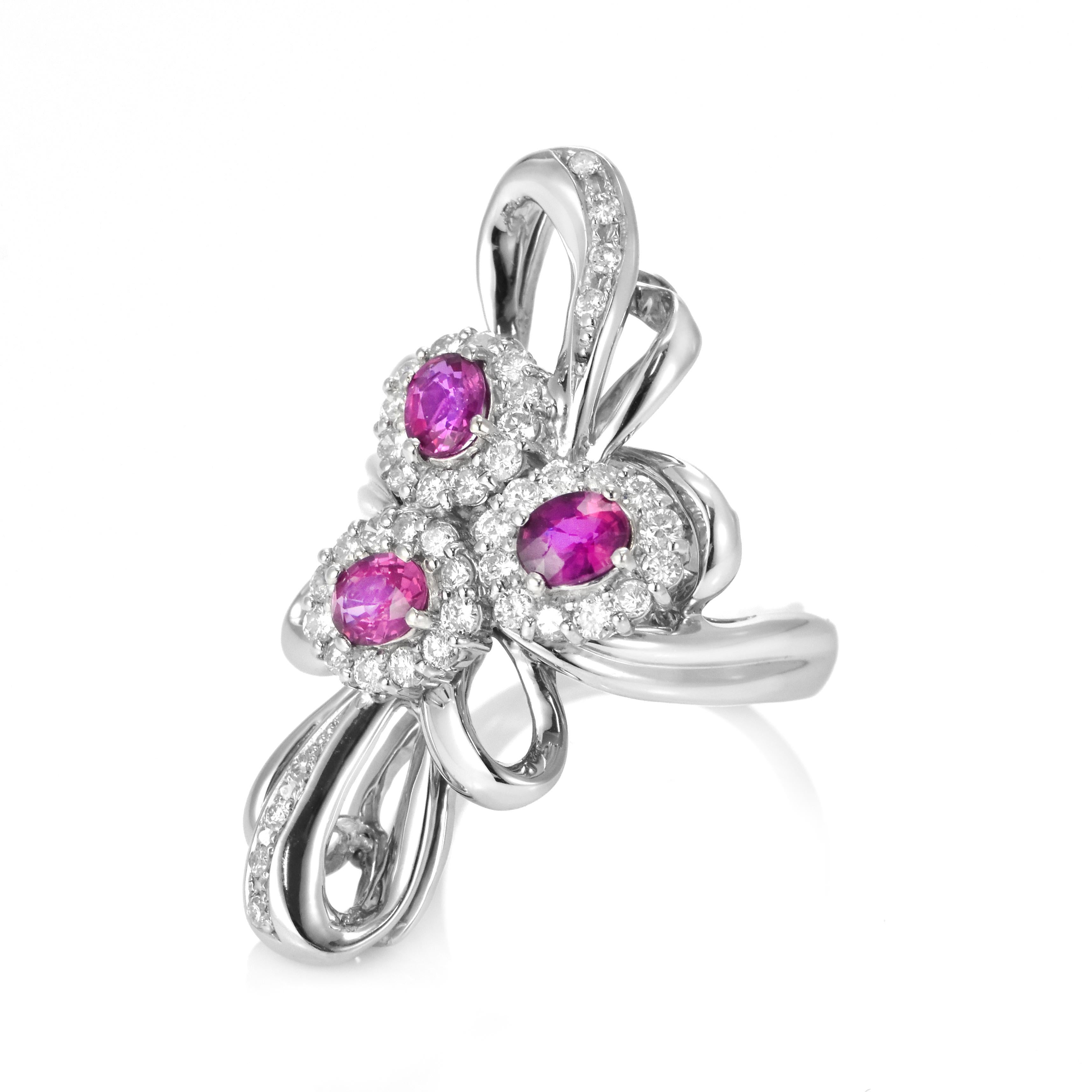 Modern 1.05 Carat Natural Unheated Rubies and Diamond Cocktail Ring made in Platinum For Sale
