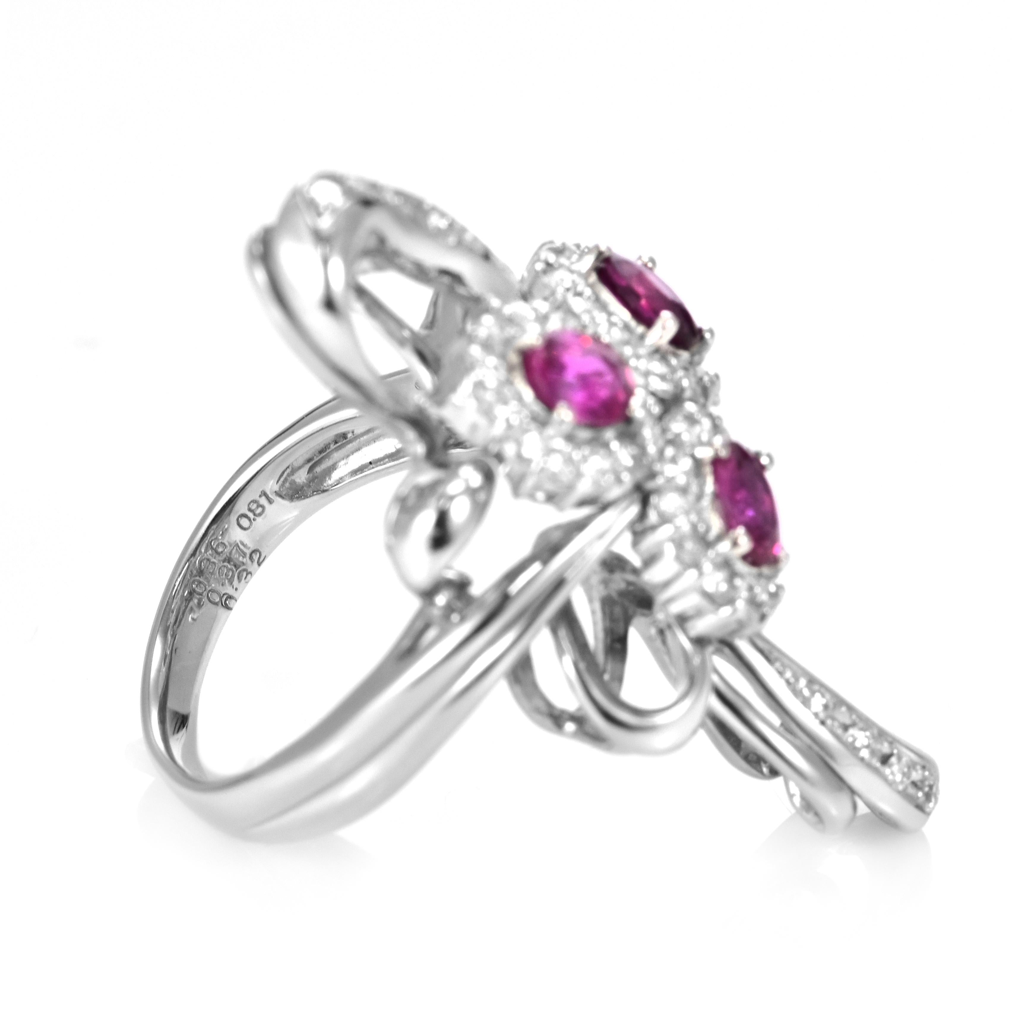 1.05 Carat Natural Unheated Rubies and Diamond Cocktail Ring made in Platinum For Sale 2