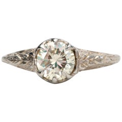 1.05 Carat Old Cut Diamond Deco 18 Karat Gold Filigree Vintage Engagement Ring