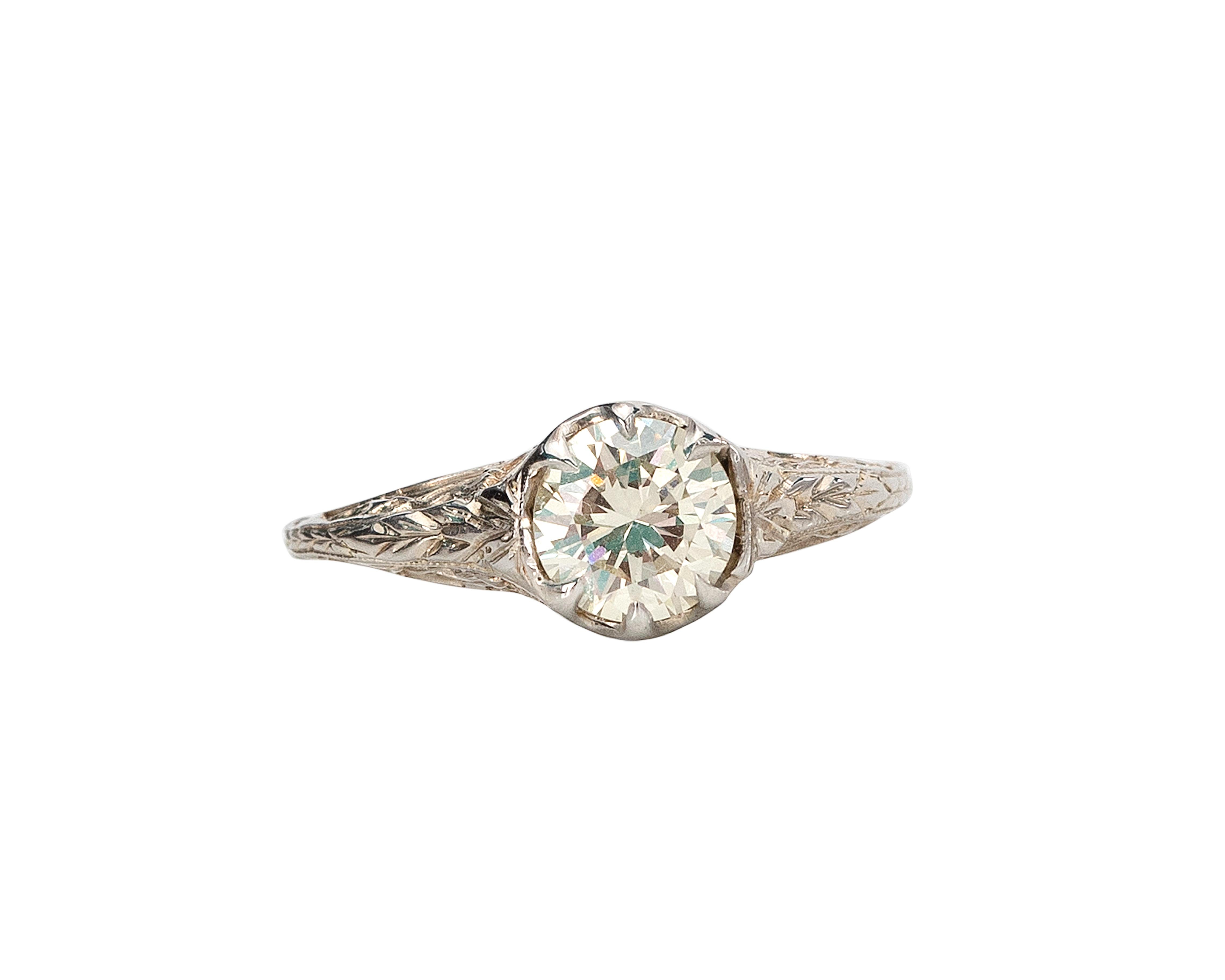 This ring is a lovely example of a vintage diamond ring crafted by Belais Bros in a classic Art Deco style. The 1.05 carat Old European cut diamond is a top clarity with a sparkling nearly perfect VS grade and a warm body color that is very typical
