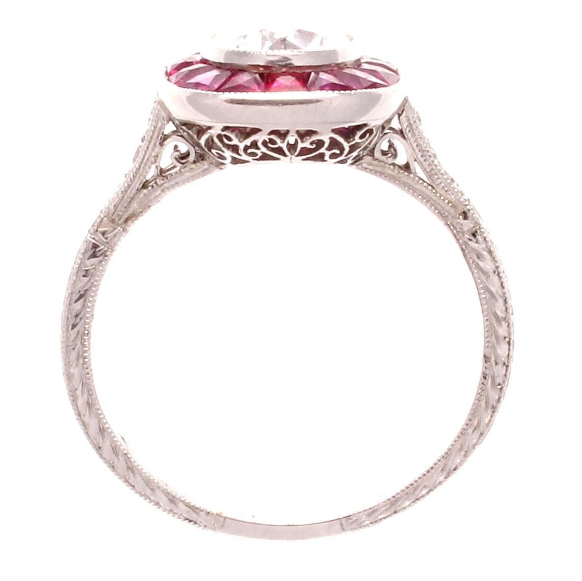 Art Deco 1.05 Carat Old European Cut Diamond Ruby Platinum Engagement Ring