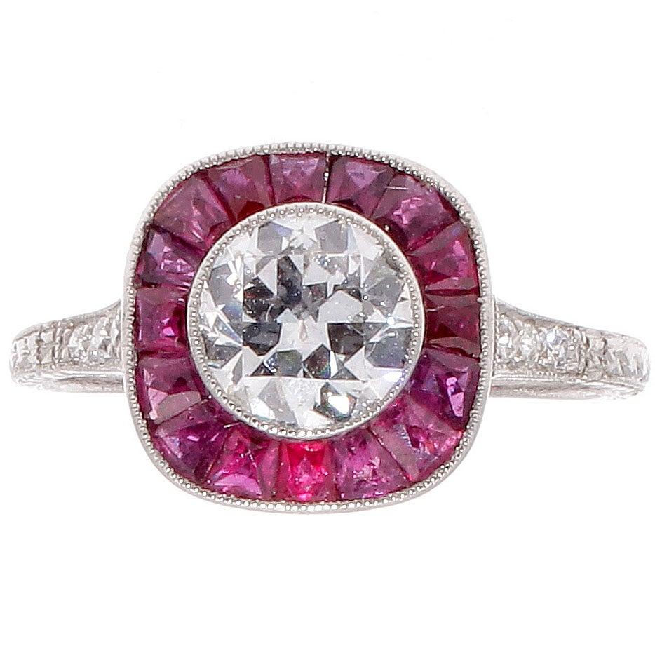 1.05 Carat Old European Cut Diamond Ruby Platinum Engagement Ring In New Condition In Beverly Hills, CA