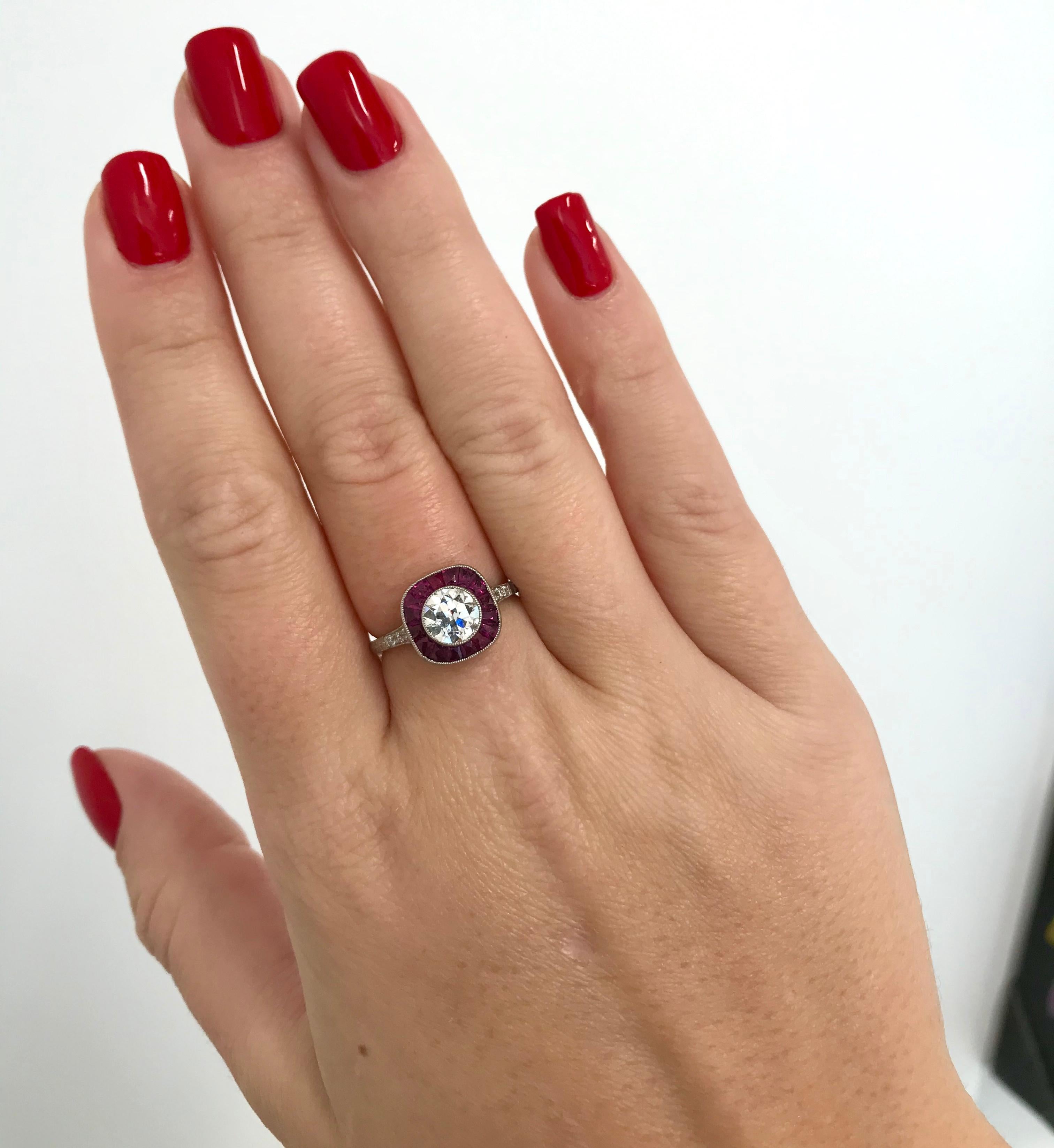Women's 1.05 Carat Old European Cut Diamond Ruby Platinum Engagement Ring