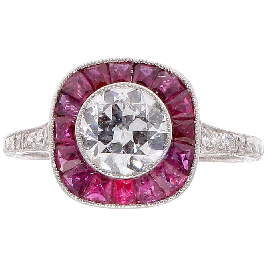1.05 Carat Old European Cut Diamond Ruby Platinum Engagement Ring