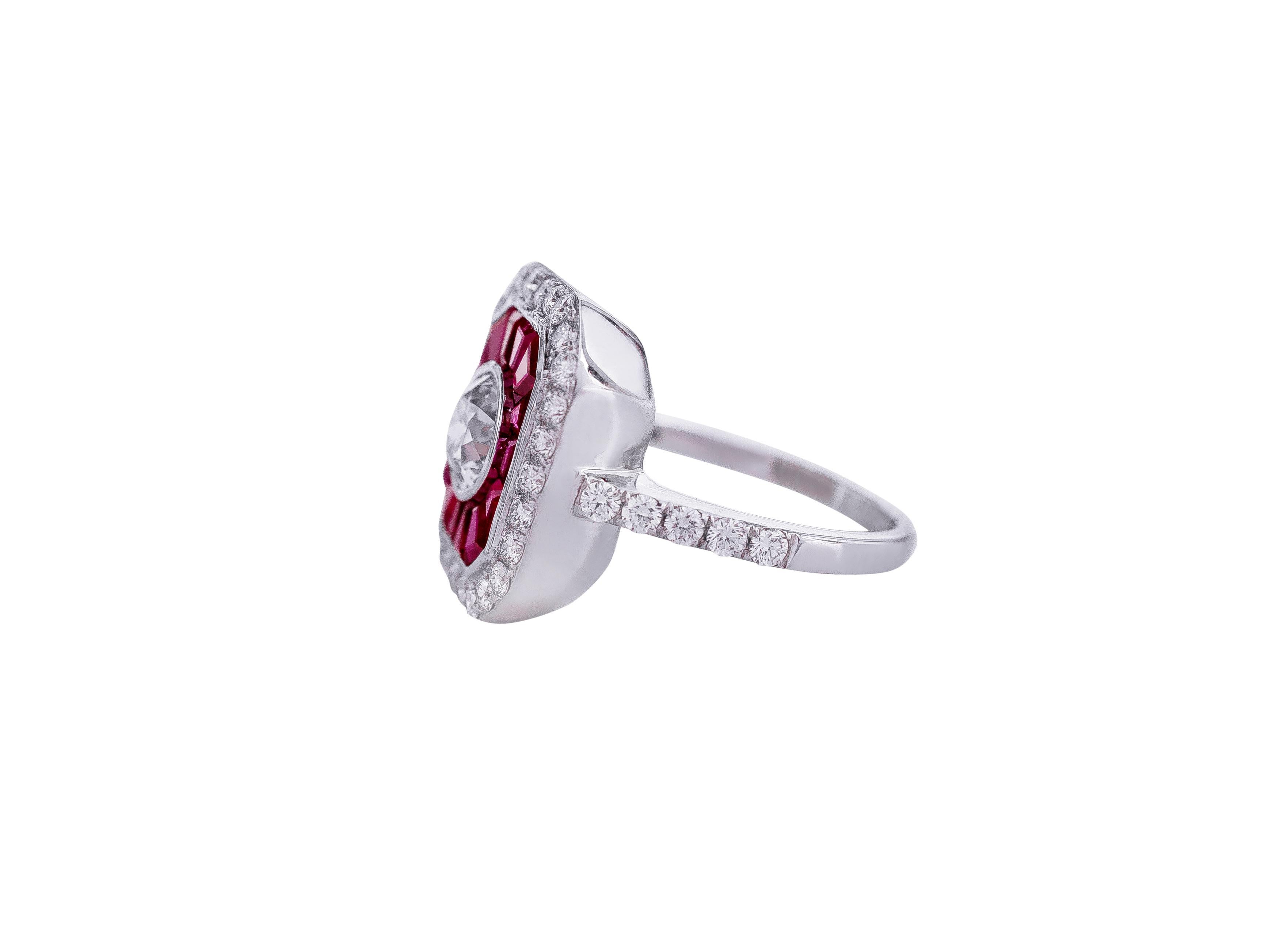 Art Deco 1.05 Carat Old European Cut Diamond with Ruby Statement Ring in 18 Karat Gold For Sale