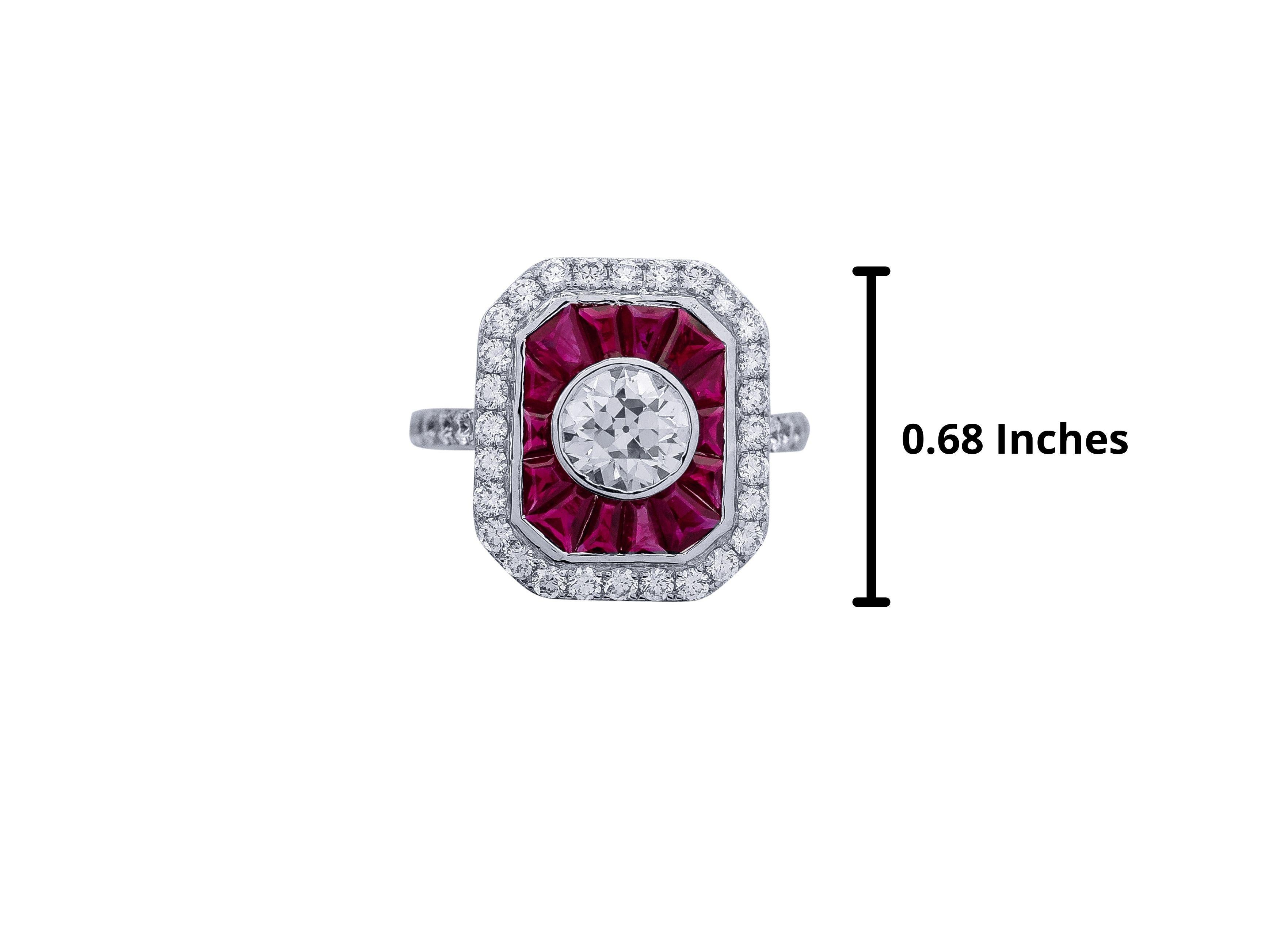 Women's 1.05 Carat Old European Cut Diamond with Ruby Statement Ring in 18 Karat Gold For Sale