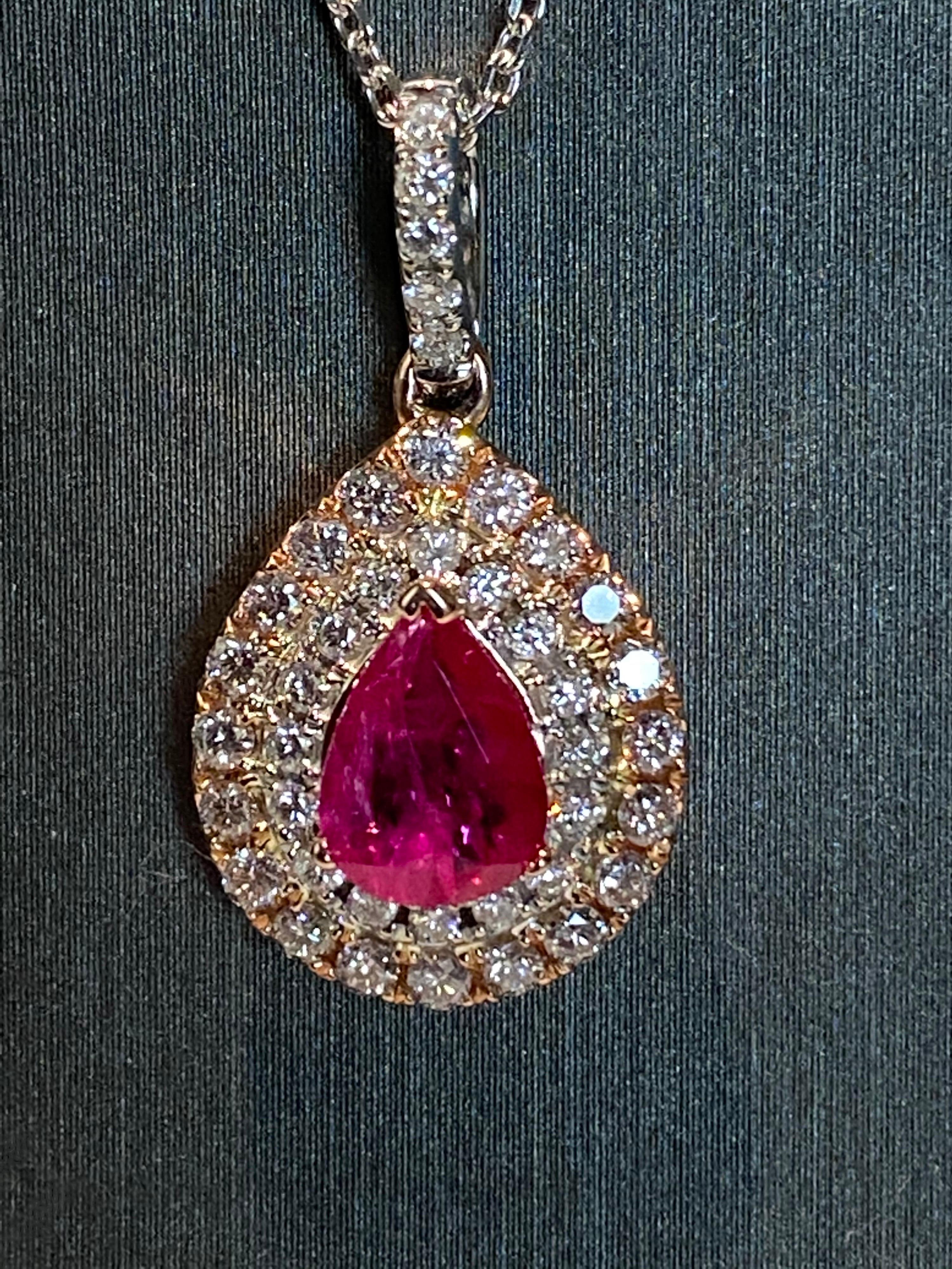 1.05 Carat Pear Shaped Ruby Diamond Halo Pendant In New Condition In Trumbull, CT