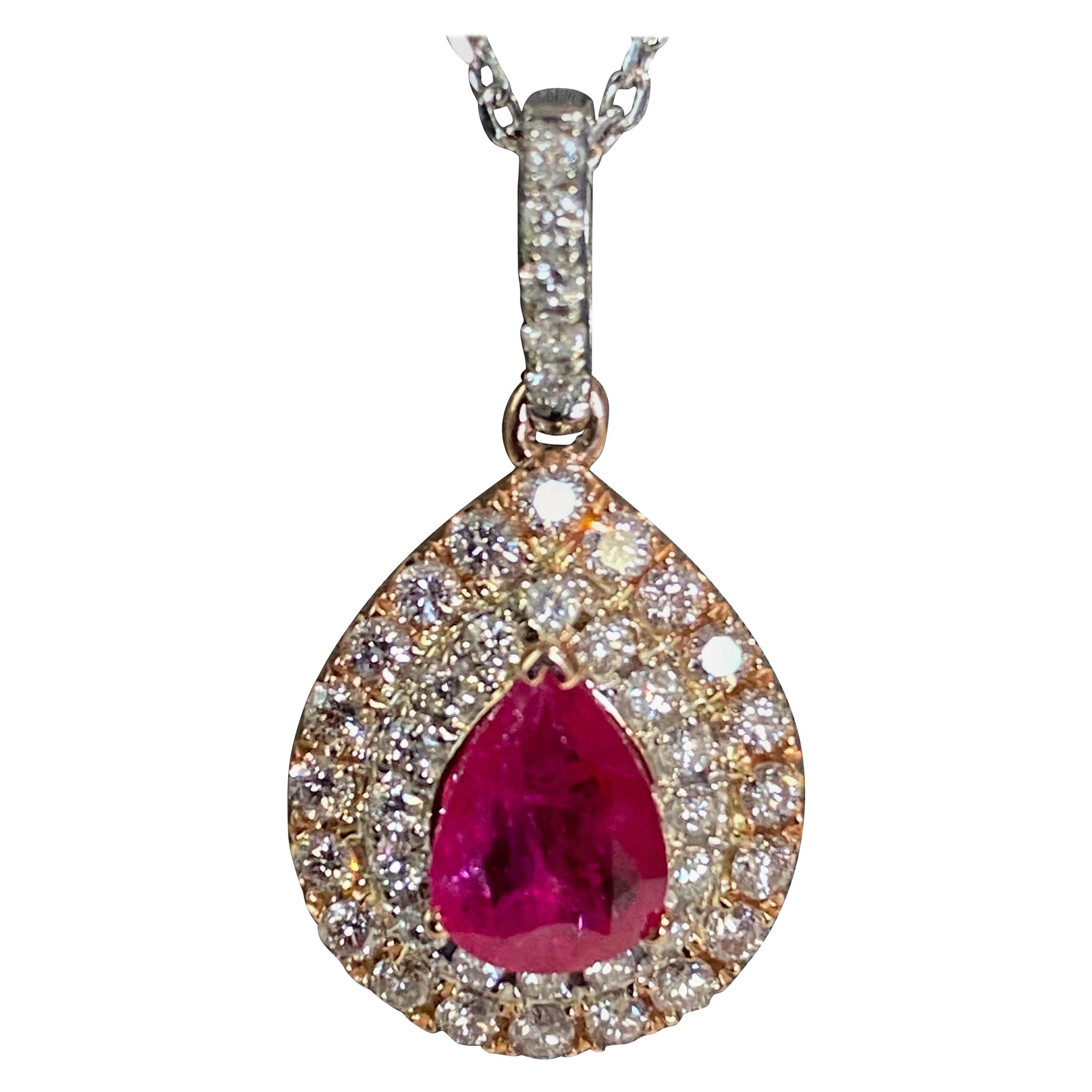 1.05 Carat Pear Shaped Ruby Diamond Halo Pendant