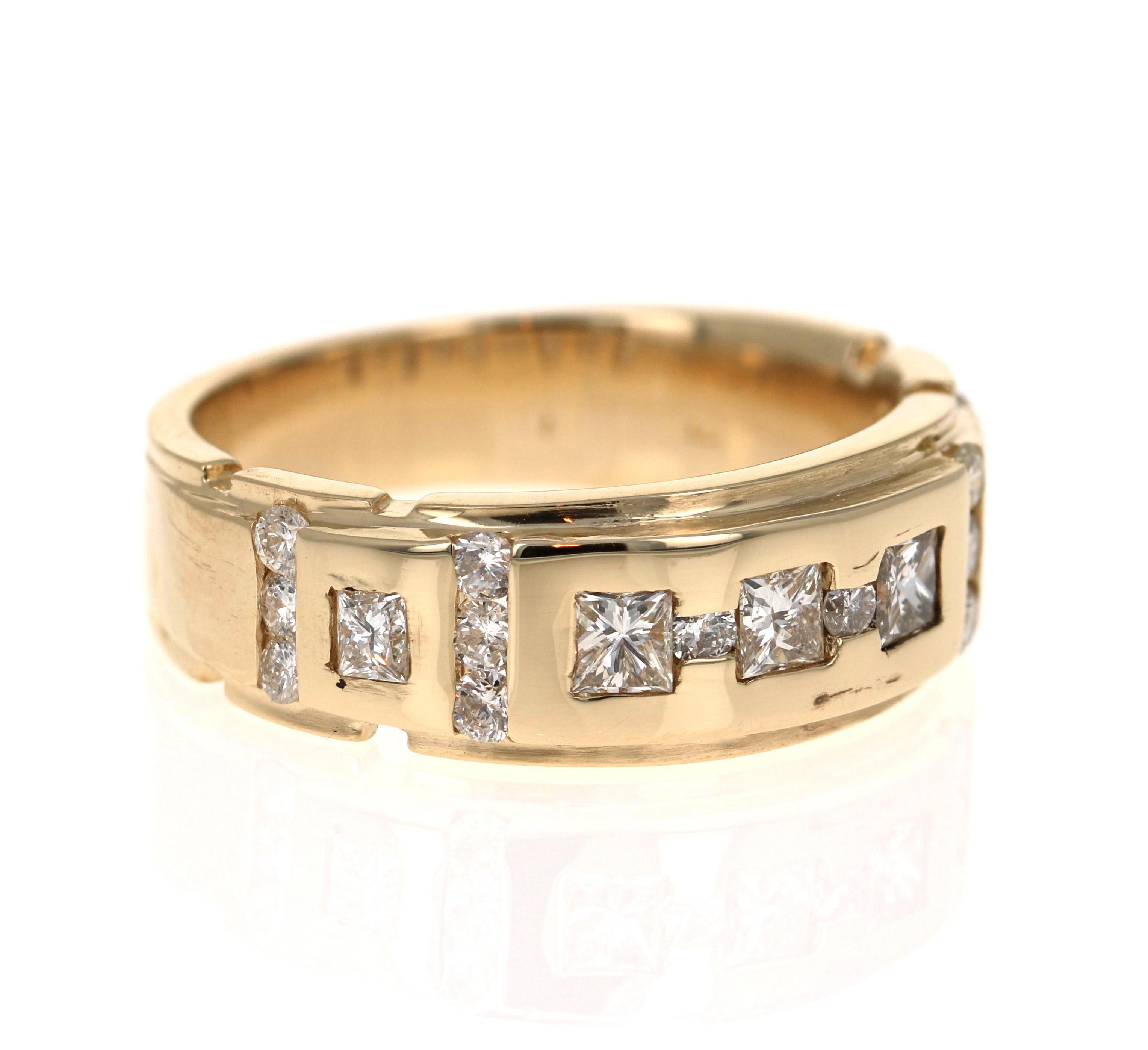 We have a Men's Collection of Fine Jewelry!  Beautiful, Bold, Masculine and Simple Men's Wedding Rings/Bands. 

This Men's Band has 14 Round Cut Diamonds that weigh 0.45 Carats and 5 Princess Cut Diamonds that weigh 0.60 Carats.  The total carat