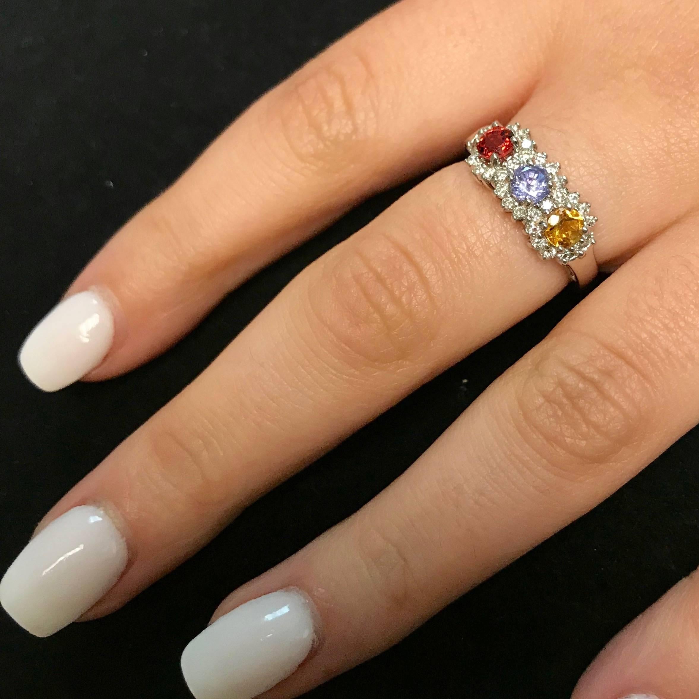 Round Cut 1.05 Carat Round Multi-Color Sapphire and 0.36 Carat White Diamond Ring